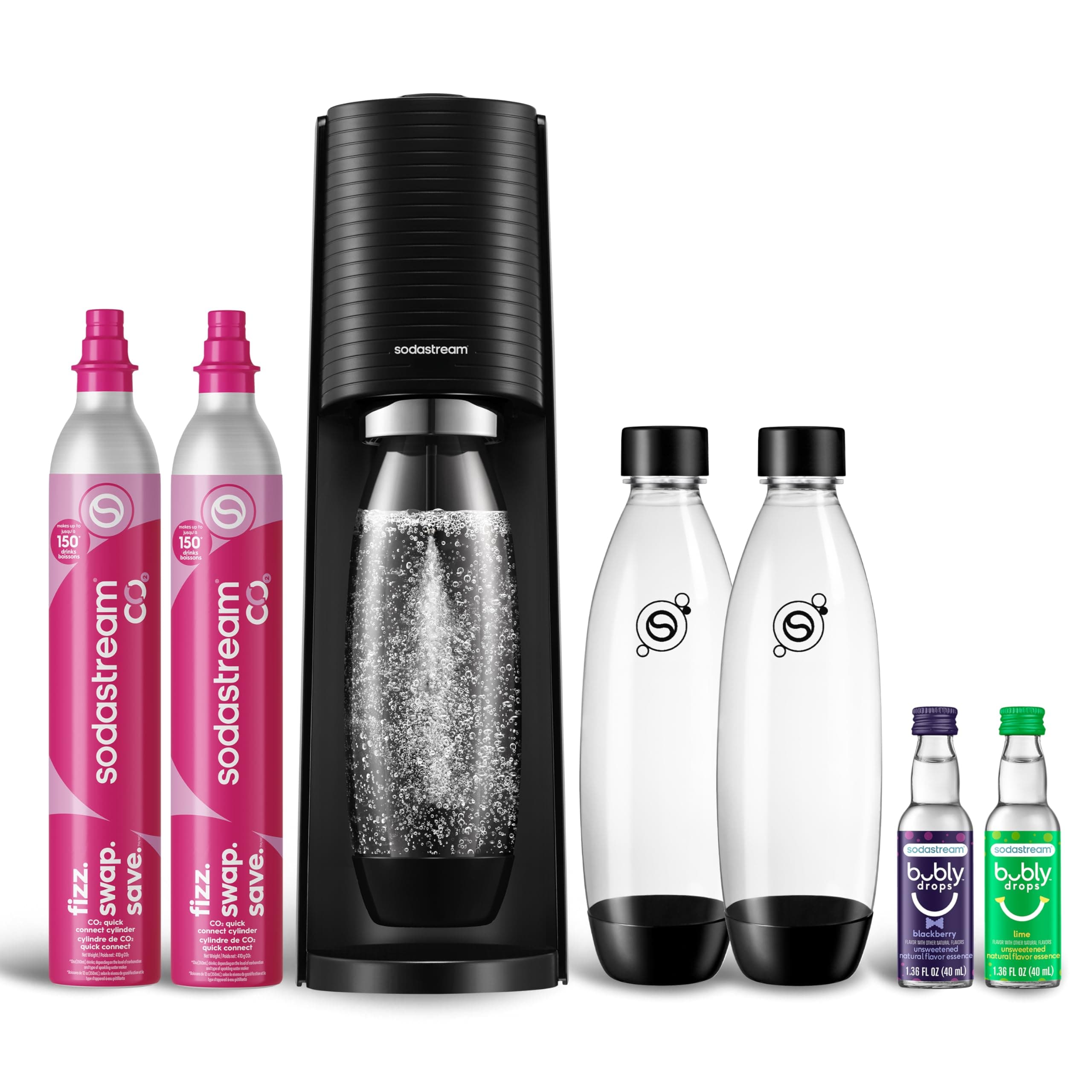 SodaStream - Terra Sparkling Water Maker | VALUE BUNDLE | CQC CO2 system | Includes 2x CO2 Cylinders, 3x 32 Fl Oz Dishwasher Safe Bottles, 2x Bubly Flavor Drops | Combine with Pepsi Flavors | Black