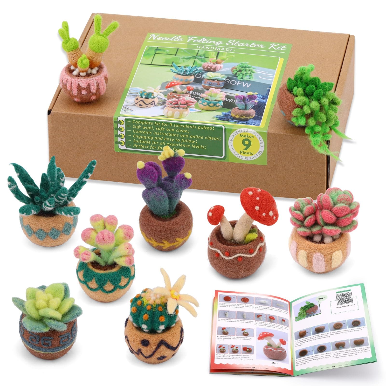 Yizzvb Needle Felting Kit, 9 Pcs Succulent Needle Felt Beginner Kits, Wool Felting Kit Including Wool Roving, Felting Pad, Felting Needles and Instructions for DIY Craft Home Decoration