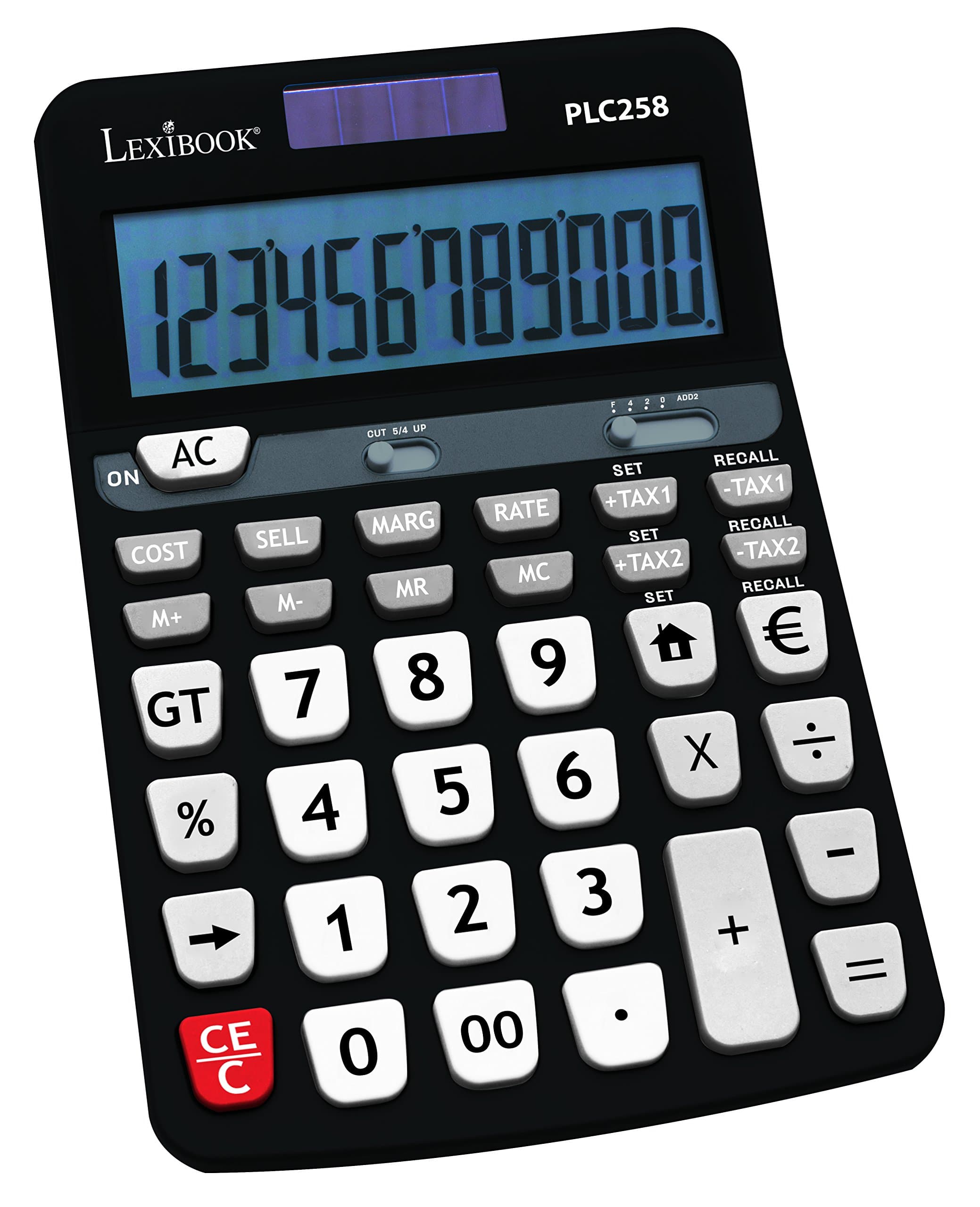 Lexibook 12-Digit Professional Calculator, Memory, Commercial Calculation Functions, Dual Power Supply: Sun Block and Battery, Black/White, PLC258