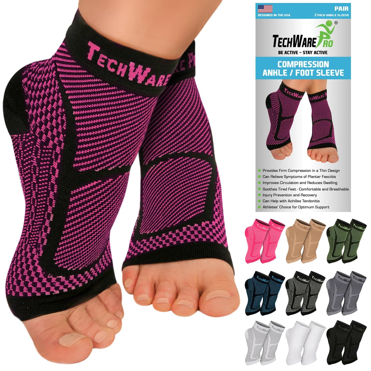 TechWare Pro Ankle Brace Compression Sleeve - Plantar Fasciitis Sock. Relieves Achilles Tendonitis. Foot Arch Support Reduces Joint Pain, Swelling & Heel Spur Pain. Injury Recovery Braces for Sports