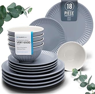 18-Piece Dinnerware Set - Bowl and Plate Set - Stoneware Dining Set for 6 People - Dishwasher and Microwave Safe - Grooved Dining Service in Grey-Blue