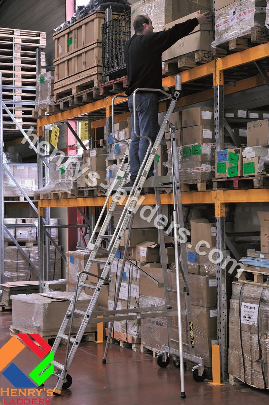 Folding Warehouse Stepladder - 6 Tread, Platform Height 1.53m. Aluminium with stabilisers and guardrail. 5 Year Warranty