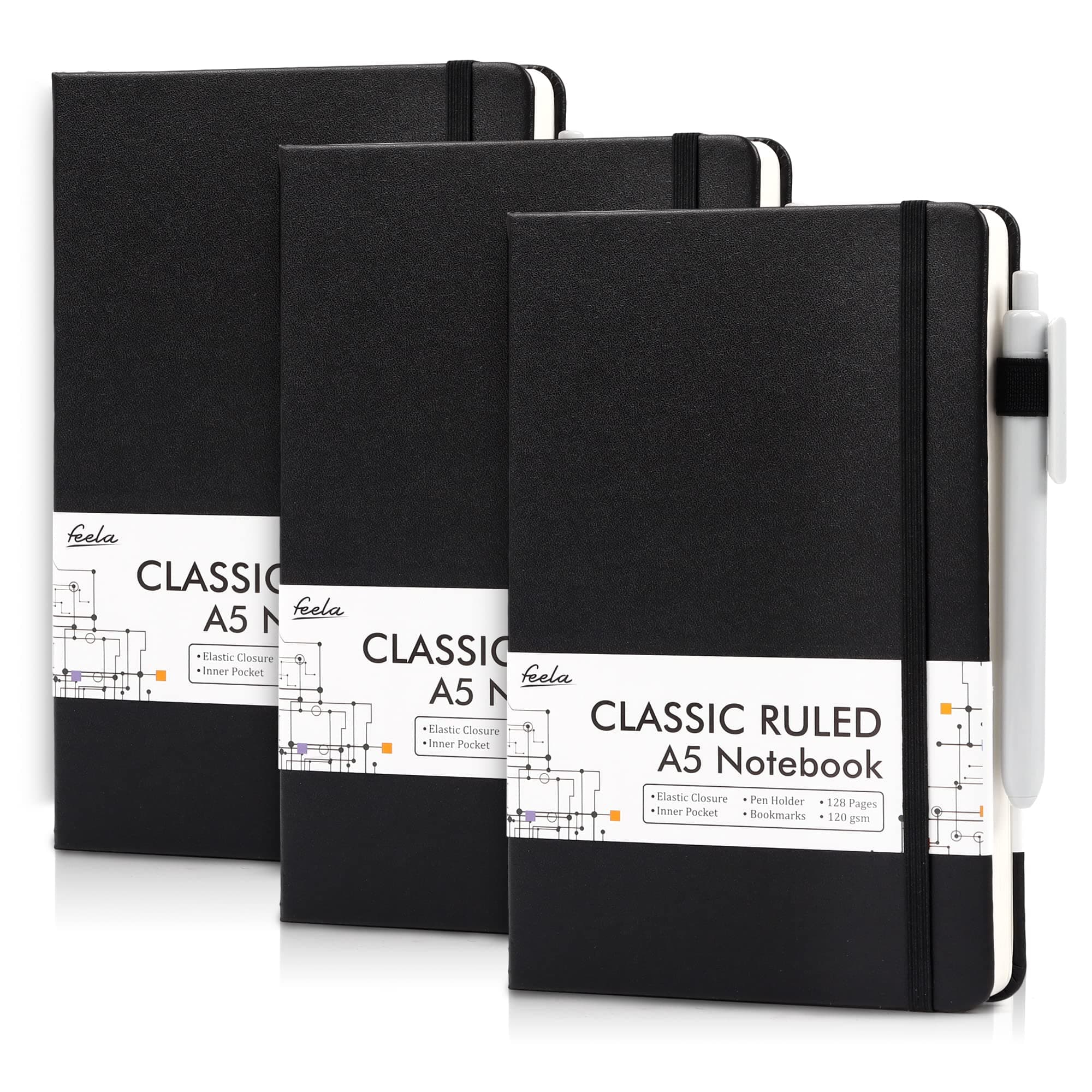 feela 3 Pack Notebooks Journals Bulk with 3 Black Pens, A5 Hardcover Notebook Classic Ruled Lined Journal Set with Pen Holder for Work Business Journaling Note Taking, 120 GSM, 5.1”x8.3”, Black