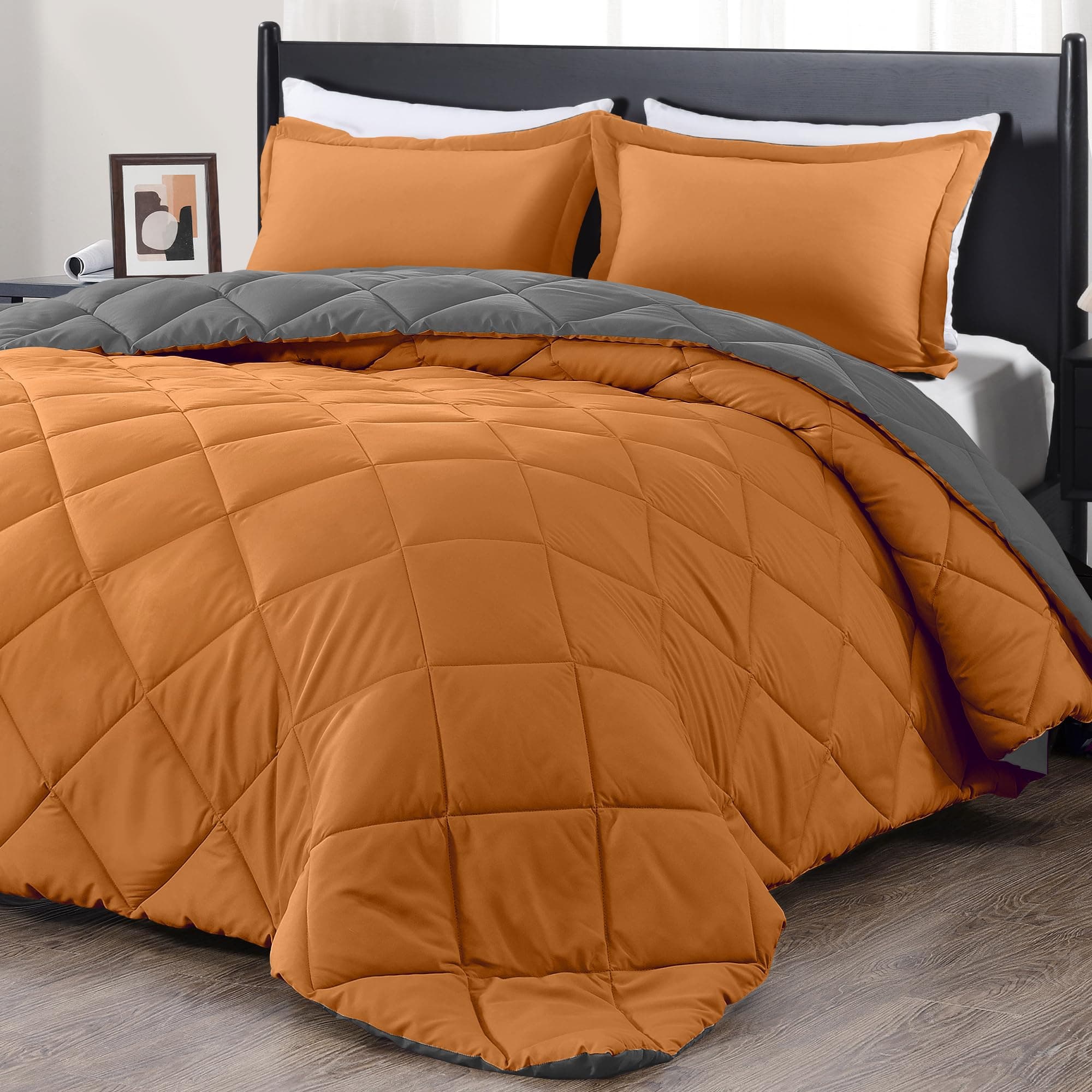 downluxe Queen Comforter Set - Burnt Orange and Grey Queen Comforter, Soft Bedding Sets for All Seasons -3 Pieces - 1 Comforter (88"x92") and 2 Pillow Shams(20"x26")