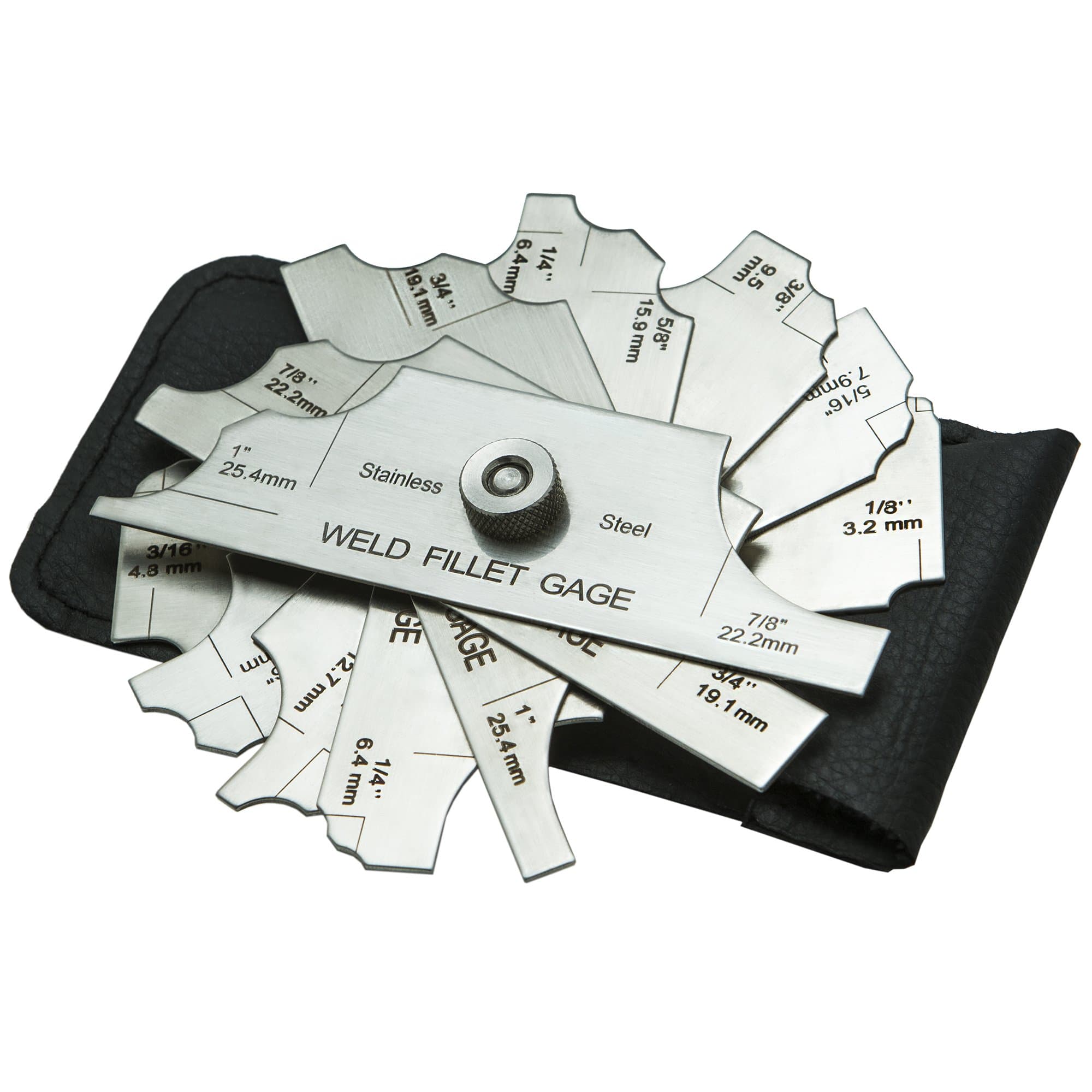 Ally Tools 7 Piece Fillet Welding Inspection Gauge Set Includes Leather Case - (1/8" - 1") Ulnar Metric & Inch - Perfect for Checking Leg Length and Throat Thickness for Professional Welders