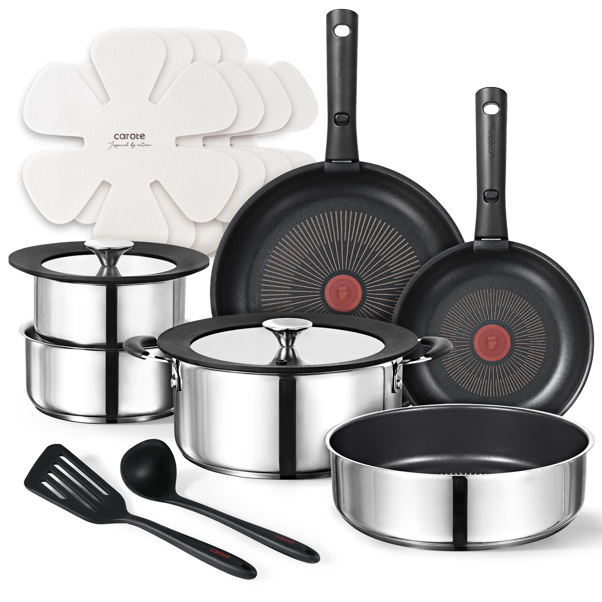 CAROTE 16pcs Stainless Cookware set with Temperature Spot, Removable Handle Pots and Pans Set Non Stick, Kitchen Cooking Set, Induction Cookware Set, RV Pot and Pan, Oven Safe, Black