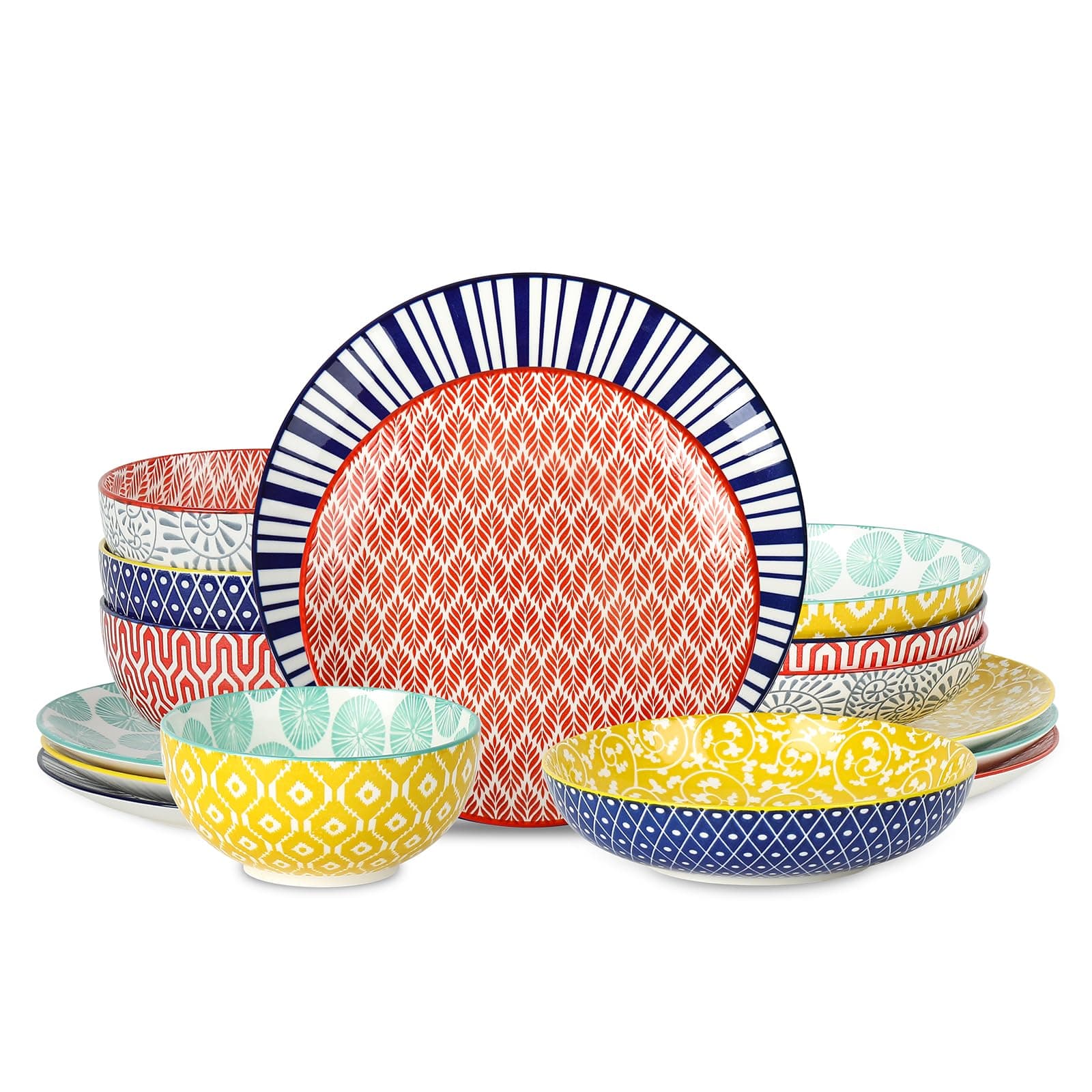 Selamica Ceramic Dinnerware Set, 16 Piece Plate Set for 4, Plates and Bowls Sets Highly Resistant to Chips and Cracks, Dishwasher and Microwave Safe, Assorted Colors B