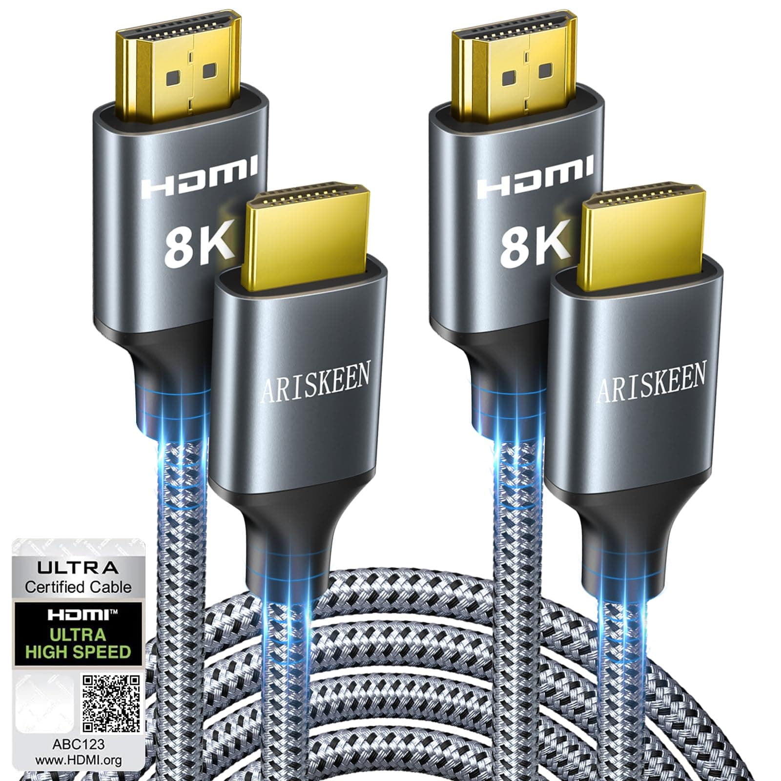 8K HDMI Cable 6FT 2-Pack, 48Gbps High Speed HDMI 2.1 Cable, 8K 60Hz, 4K 120Hz 144Hz Support for HDR 10, HDCP 2.2 2.3, eARC, DTS:X, Braided HDMI Cord Compatible with Laptop/HDTV - 6 Feet
