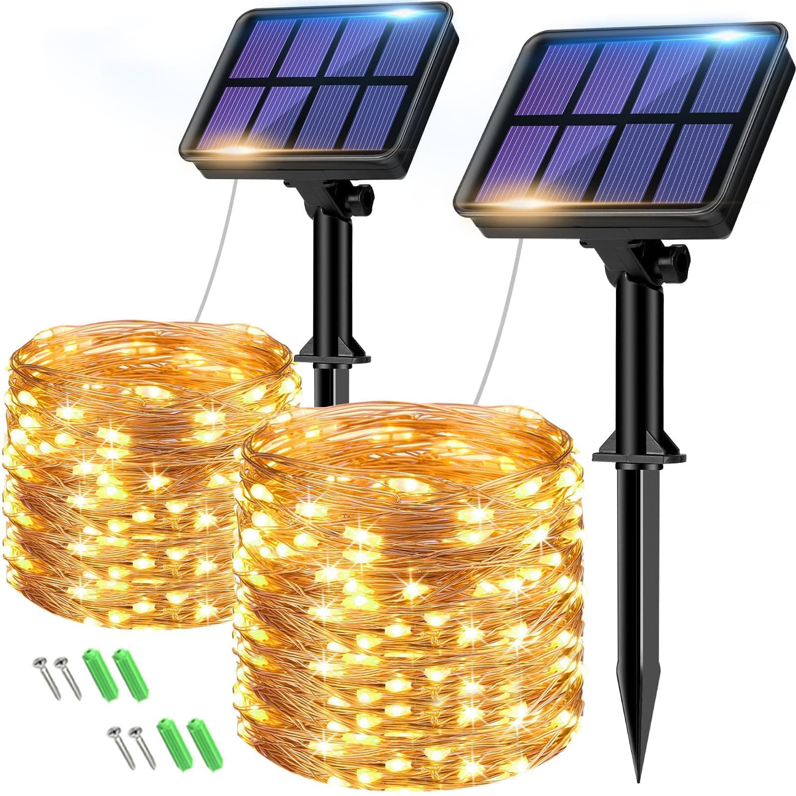 2 Pack Solar String Lights Outdoor Garden Waterproof, Total 16M/53FT 160 LED Solar Powered Fairy Lights, 8 Modes Copper Wire Lights for Patio Yard Party Christmas