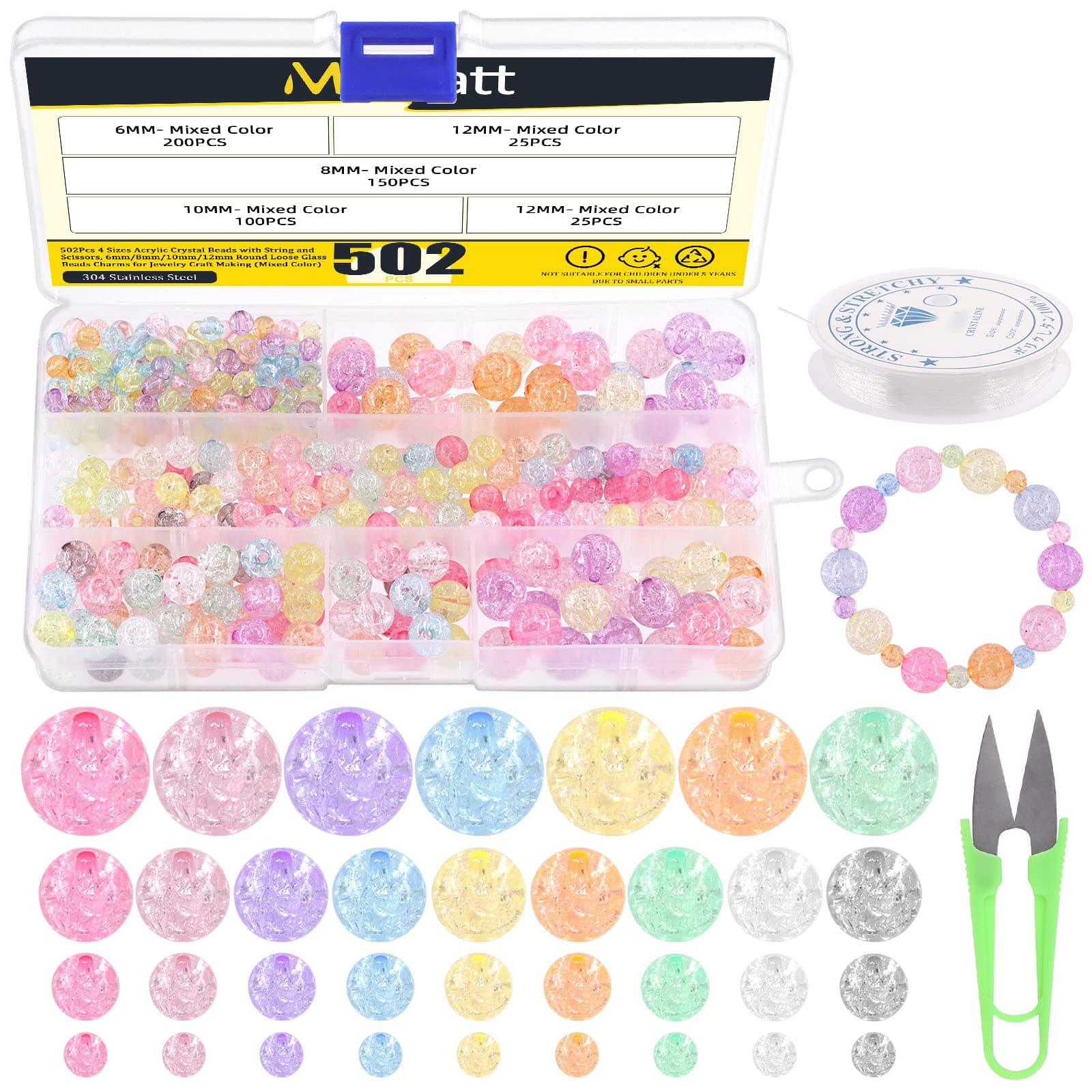 502Pcs 4 Sizes Acrylic Crackle Glass Beads with String and Scissors, 6mm/8mm/10mm/12mm Round Crystal Beads Loose Glass Beads Charms for Jewelry Craft Making (Mixed Color)