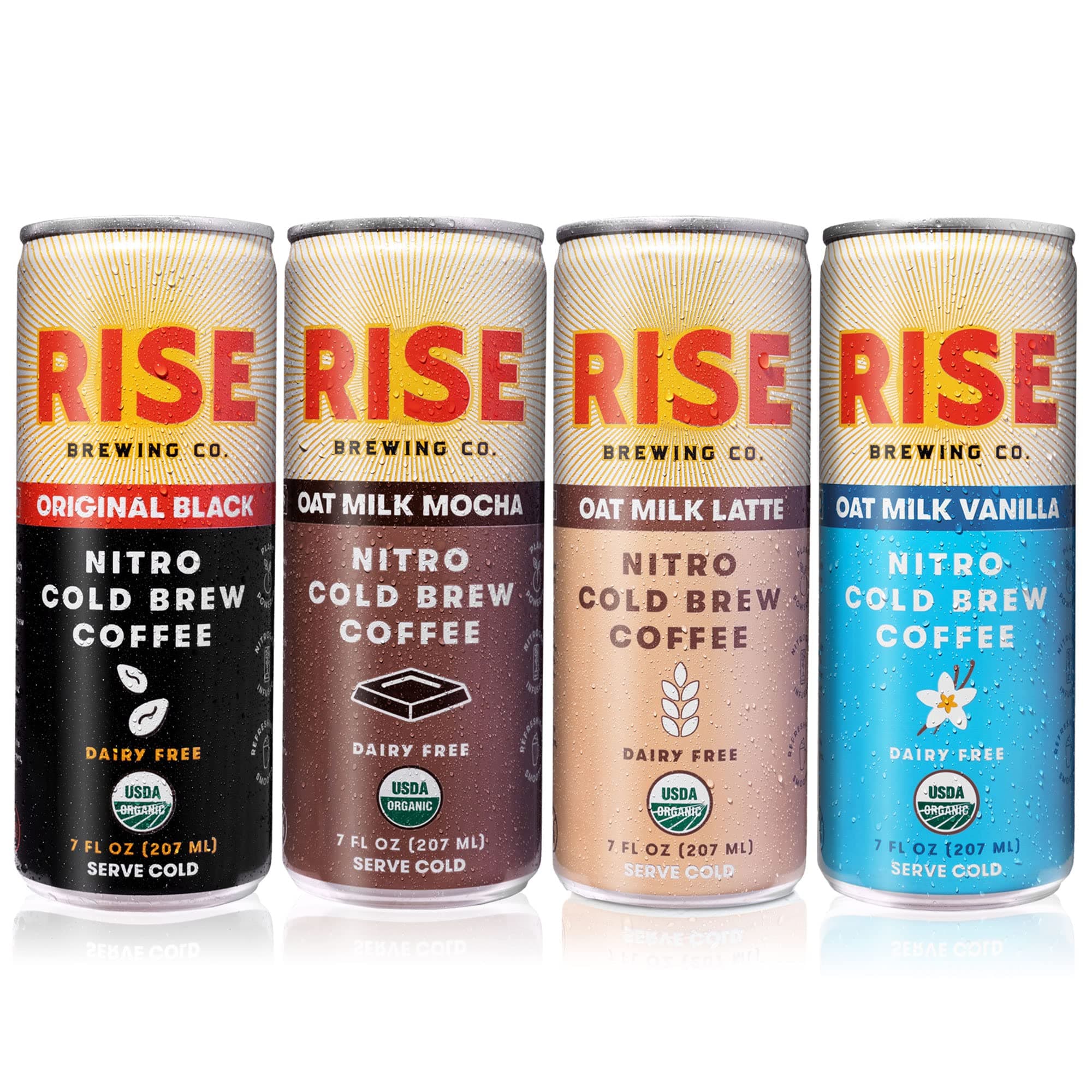 RISE Brewing Co. Nitro Cold Brew Coffee, Organic, Non-GMO, Clean Energy & Low Acidity, 3x Original Black, Oat Milk Latte, Oat Milk Mocha & Oat Milk Vanilla, 7 Fl. oz. Cans (12 pack)
