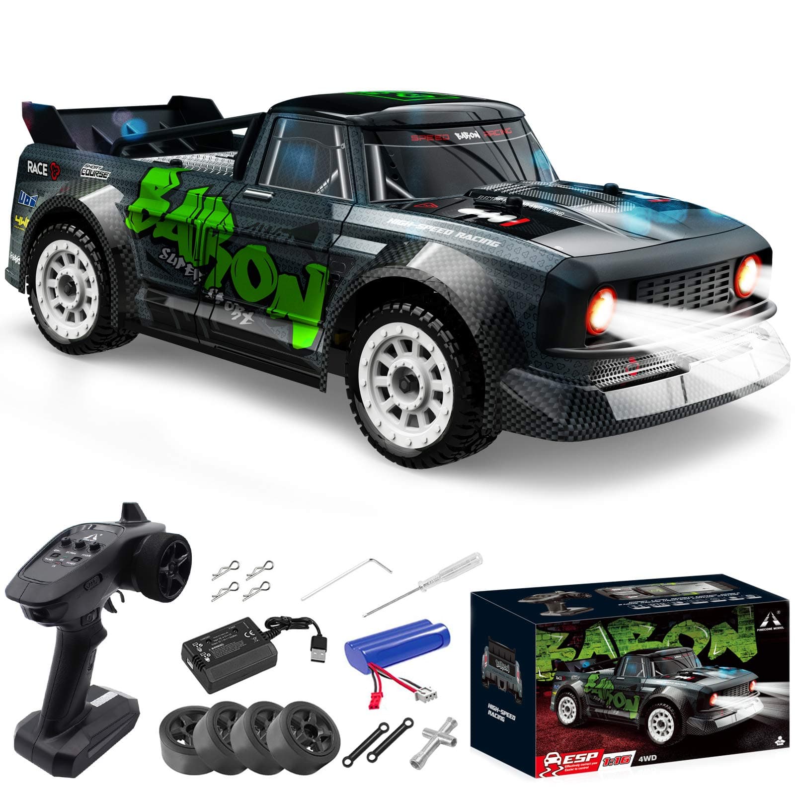 1/16 Remote Control High Speed Car, 4WD RC Drifting Racing Cars Fast 20MPH Truck 2.4Ghz Off-Road 4X4 Buggy Car Speed & Steering Control Vehicle Toy with Lights for Kids and Adults