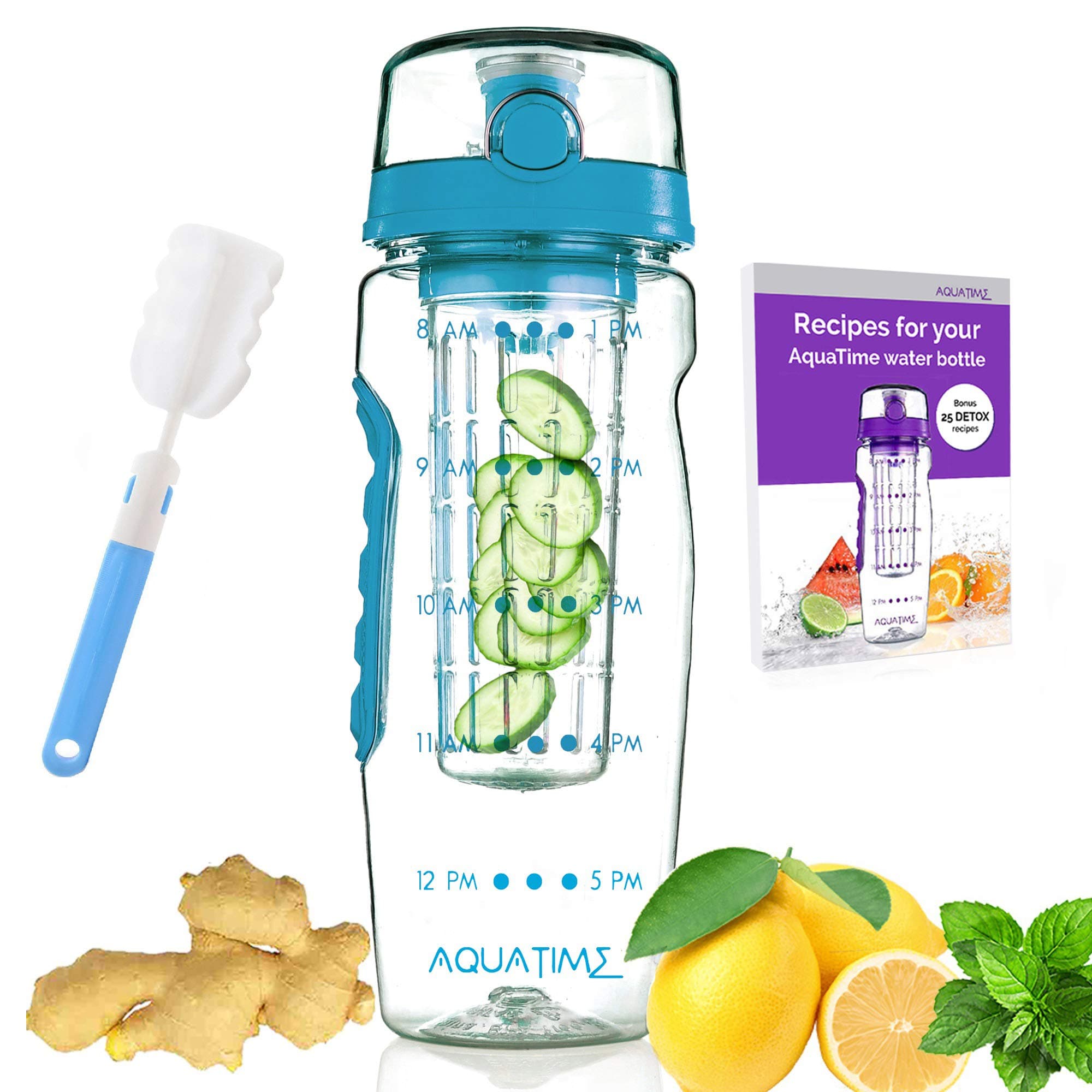 Time Marked Fruit Infuser Water Bottle AQUATIME Large 32 oz – Brush For Easy Clean included – Convenient To Carry - Fruit Infused Water Bottles - Infusion Bottle for Women and Men with Straw (Blue)
