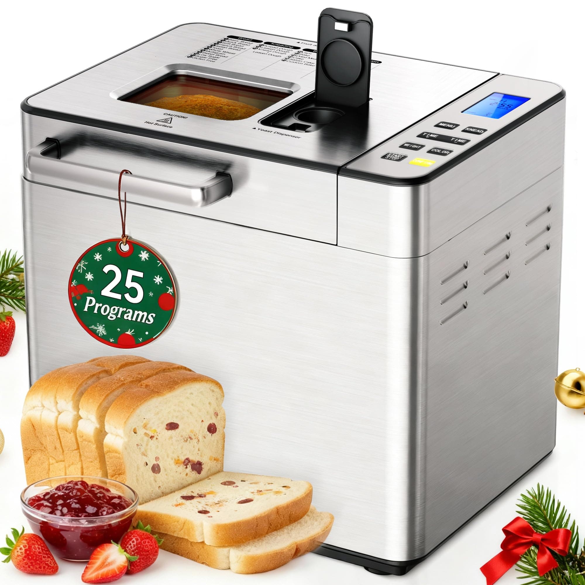 EUHOMY 25-in-1 Bread Maker Machine 2LB Breadmaker, Bread Machines with Nut Dispenser and Yeast Dispenser, 3 Loaf Sizes 3 Crust Colors, Dough Maker with Customized Options, Gluten-Free, Recipe, Gifts