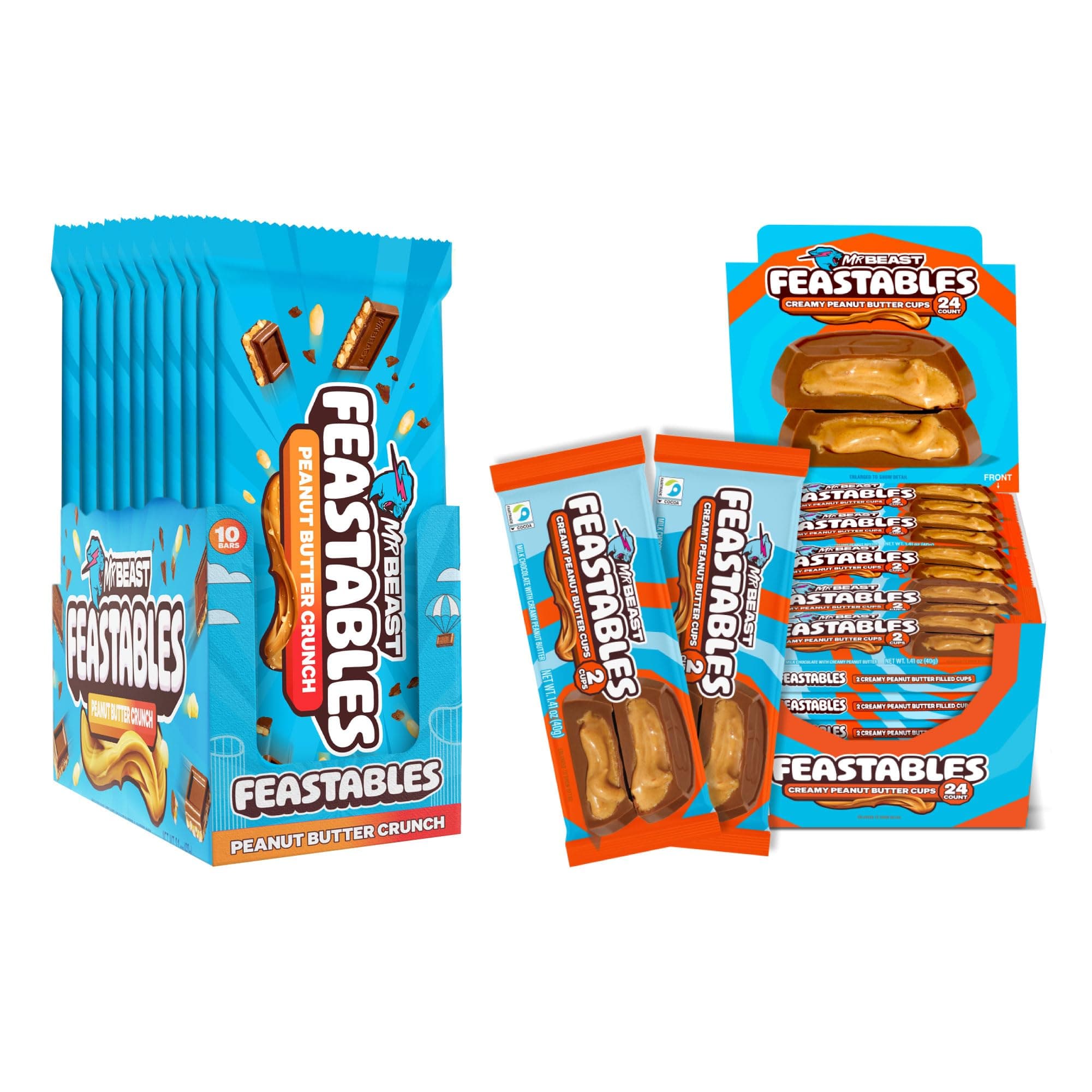 MrBeast Feastables Peanut Butter Lover Combo Pack, King Size Crunch Bars & Peanut Butter Cups, 34 Count, Chocolate Candy Assortment, Fairtrade Cocoa