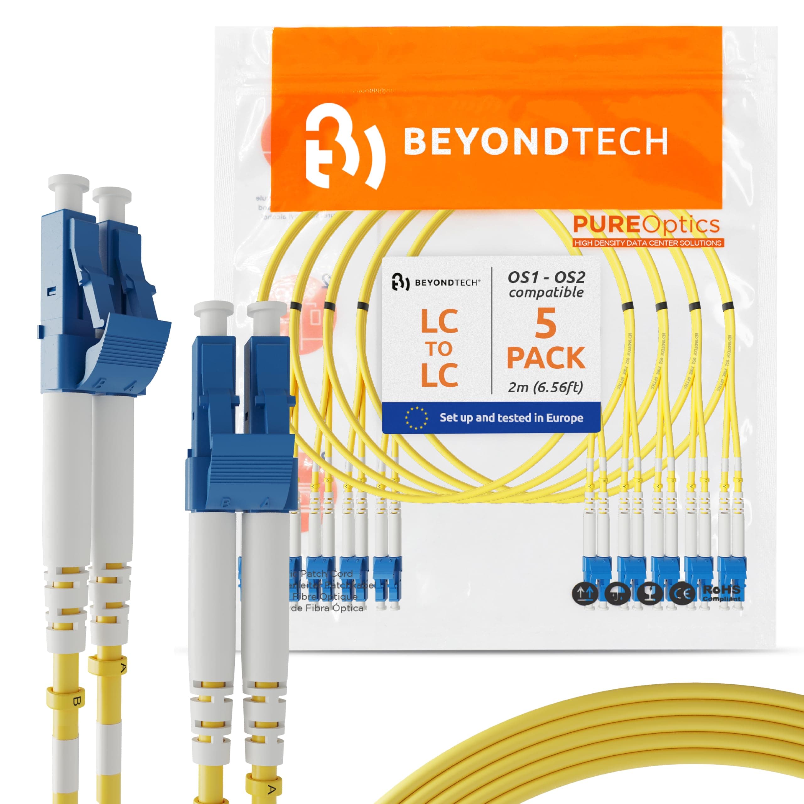 LC to LC Fiber Patch Cable Single Mode Duplex - 2m (6.56ft) - 9/125um OS1 LSZH (5 Pack) PureOptics Cable Series