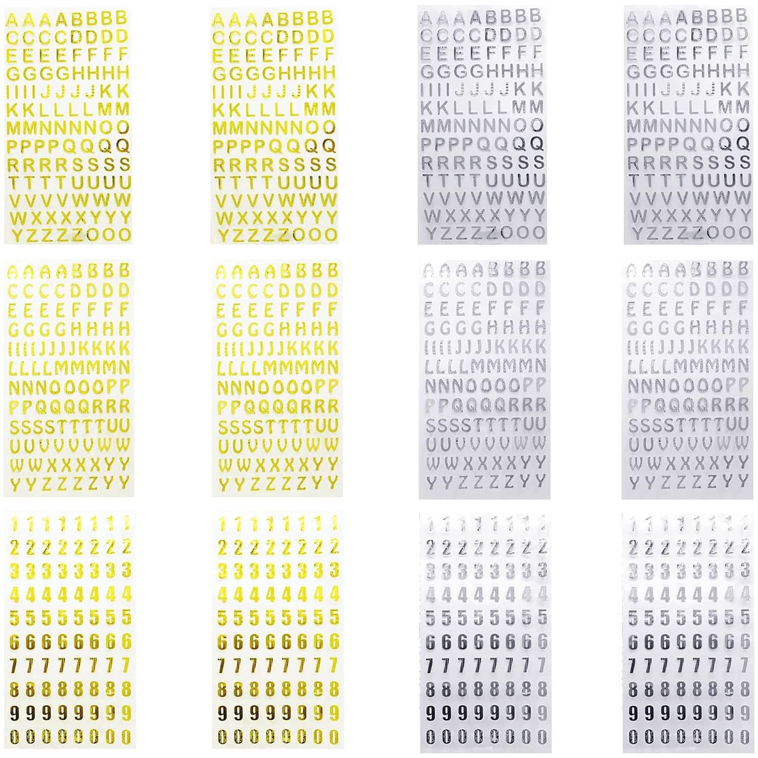 12 Sheets Mini Small 10mm / 0.4 inch Glitter Letter Gift Self Adhesive Alphabet and Number Stickers, for Scrapbooking Postcards DIY Crafts Small Kids GILR (Gold and Silver)