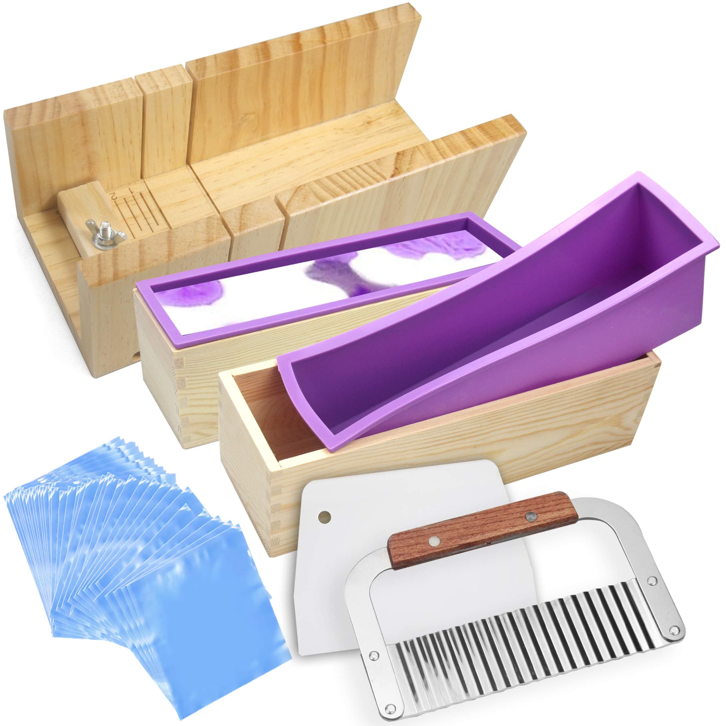 Voulosimi Silicone Soap Mold - Soap Making Cutting Mold Soap Cutter with Wavy Cutter & Straight Slicer and 100 Pcs 6 x 6 inch Shrink Wrap Bags