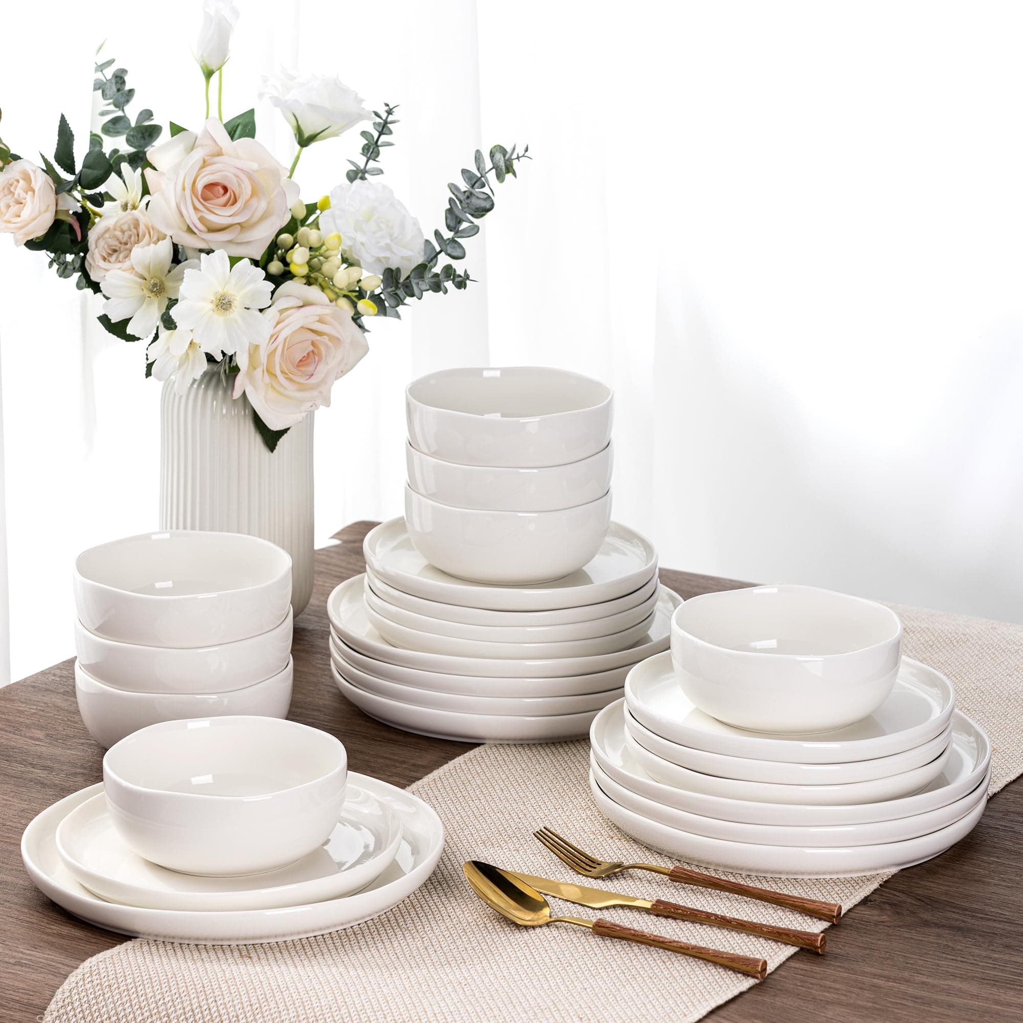 LERATIO Ceramic Dinnerware Sets for 8,Handcraft Wavy Rim Stoneware Plates and Bowls Sets,Highly Chip and Crack Resistant | Dishwasher & Microwave & Oven Safe Dishes set,Service for 8(24pc)-Pearl White