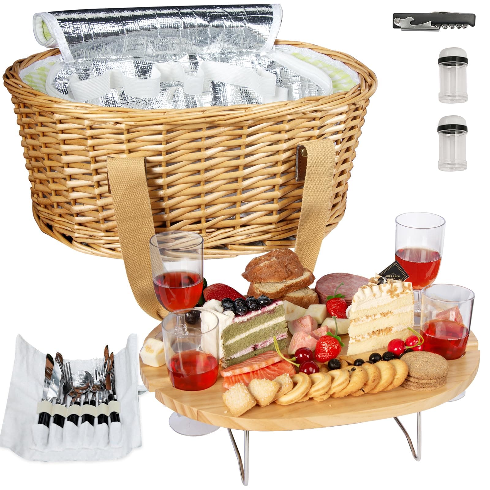 Hap Tim Wicker Picnic Basket Set for 4 with Mini Folding Wine Picnic Table & Large Insulated Cooler Bag & Cutlery Service Kits for 4 Person, Couples Gifts, Wedding Gifts (Y2209-4-GR)