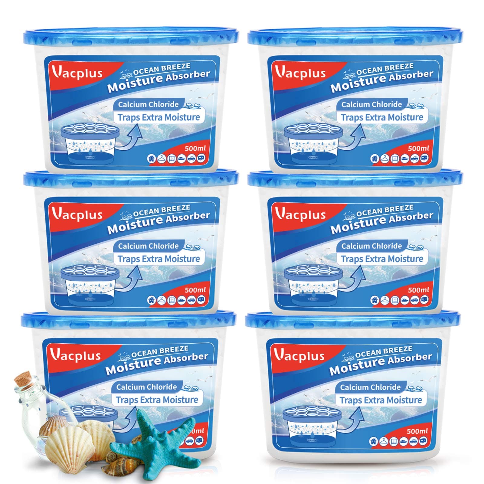 Vacplus Moisture Absorbers 6 Pack, Portable Humidity Absorber Boxes for Your Bathroom, Closet & Car, Dehumidifier with Ocean Fragrance, 10.5 Oz