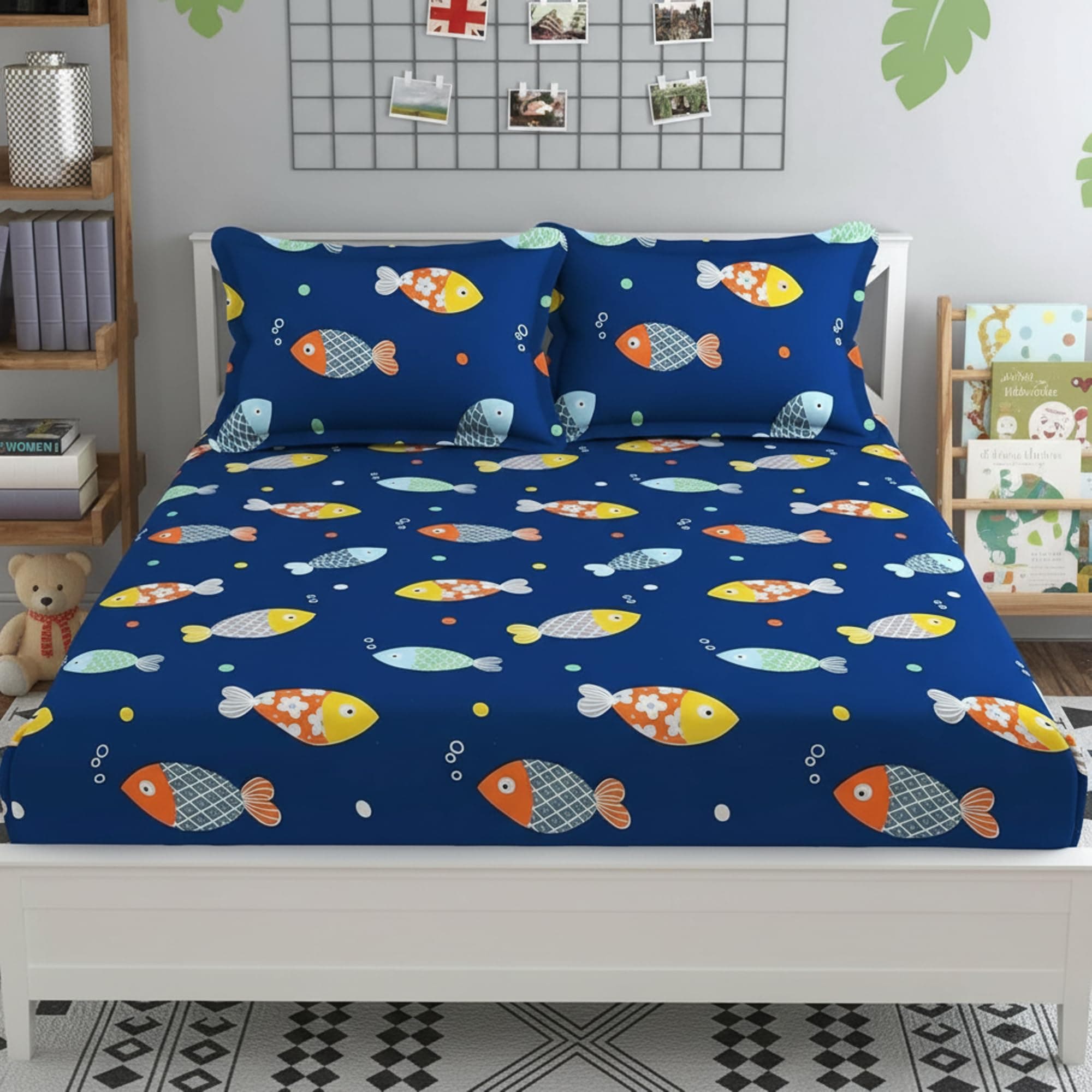 Filymore Cute Fish Double Bed Sheet for Queen Size Bed with 2 Pillow Covers f...