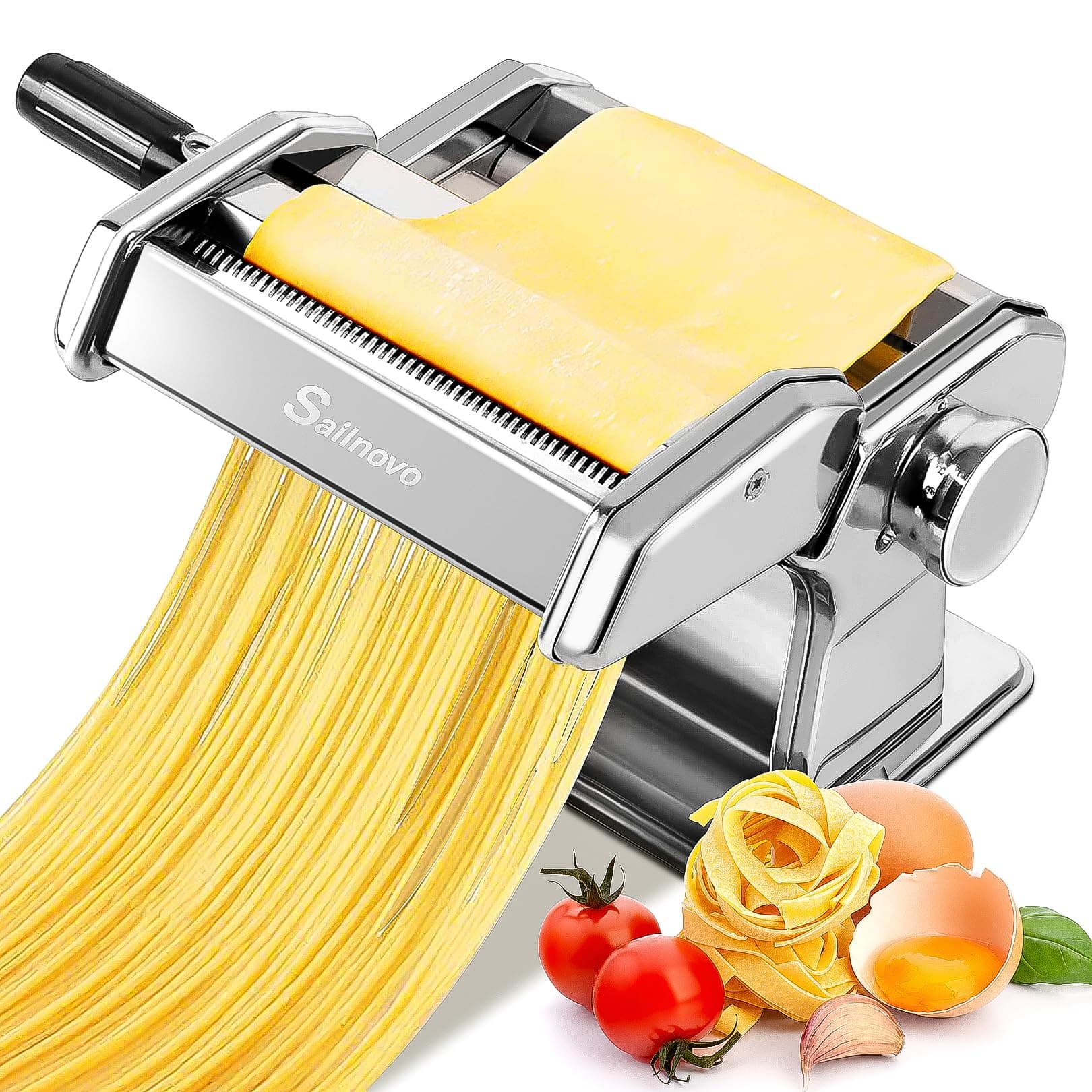 Sailnovo Pasta Maker Machine, 180 Roller Pasta Maker, 9 Adjustable Thickness Settings 2-in-1 Noodles Maker with Rollers and Cutter, Perfect for Spaghetti, Fettuccini, Lasagna or Dumpling Skin Silver