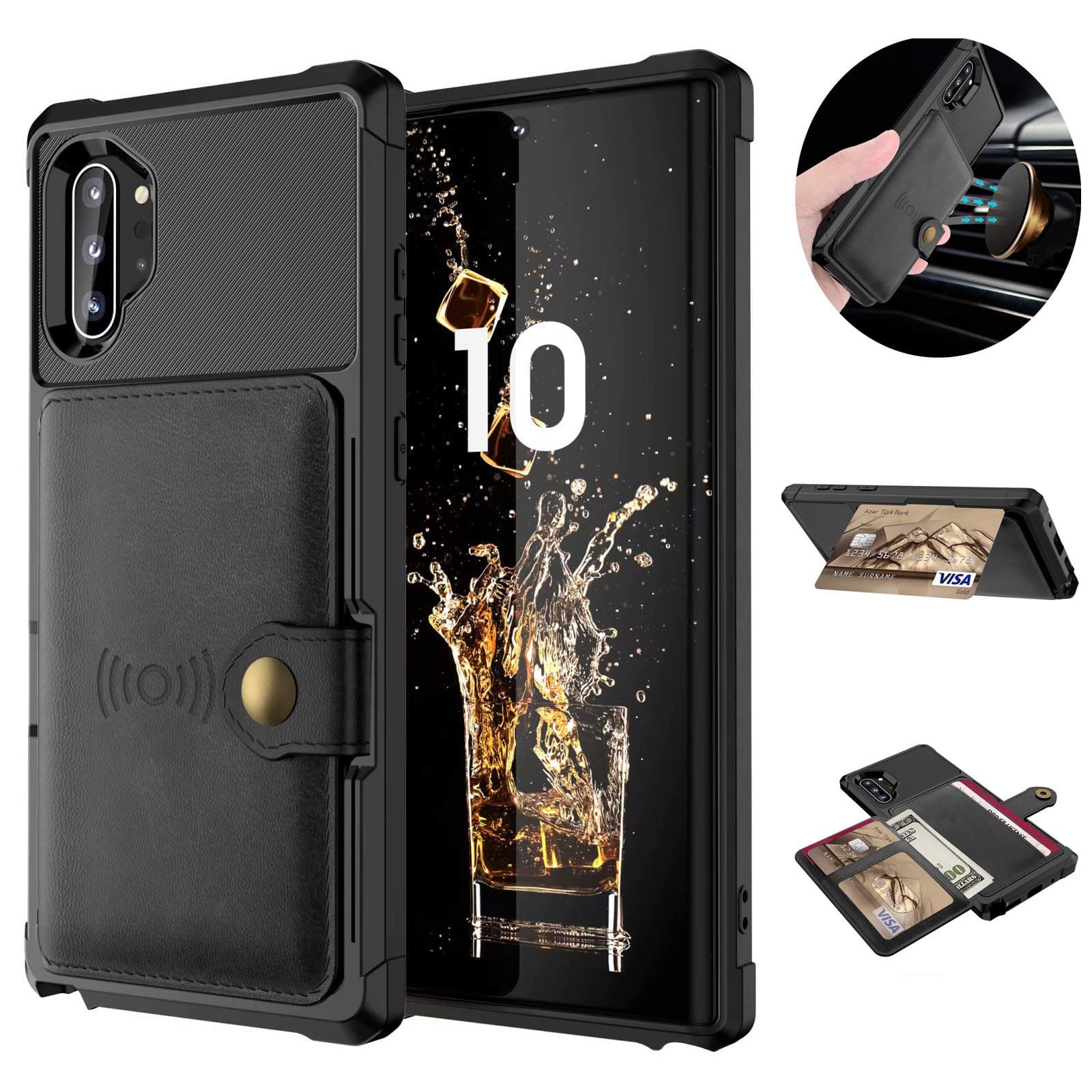 Tznzxm Galaxy Note 10 Plus Wireless Charging Case Credit Card Kickstand Rubber Buttons [Work with Magnetic Car Mount] Durable Flip Shockproof Protective Cover for Samsung Galaxy Note 10 Plus Black