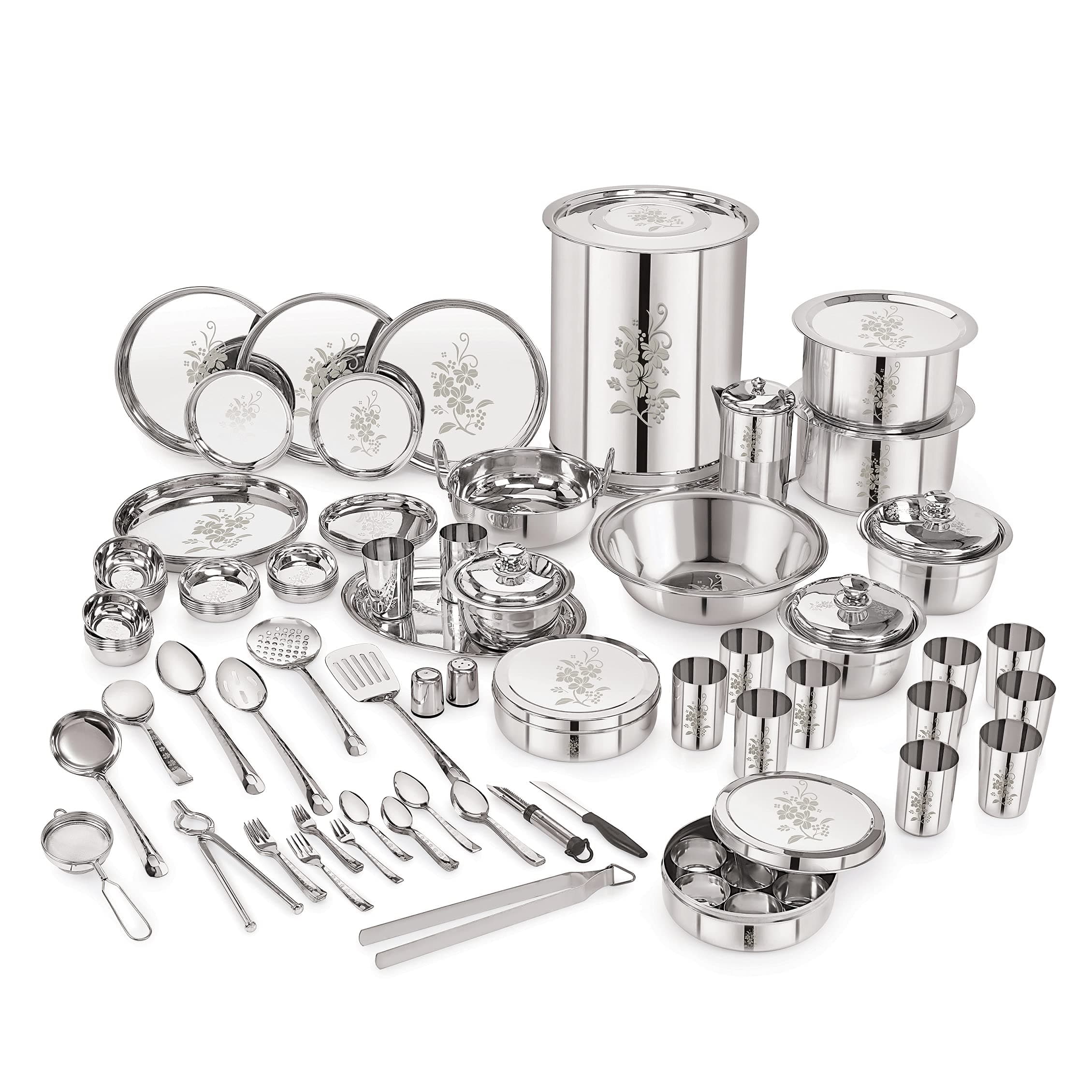 Neelam Stainless Steel Dinner Set, Durable Quality, Laser Etching 101 Pieces Set, Ideal Gifting Dinner Set, Ideal for Special Occasions Like Anniversary, Wedding, Housewarming Party, Silver