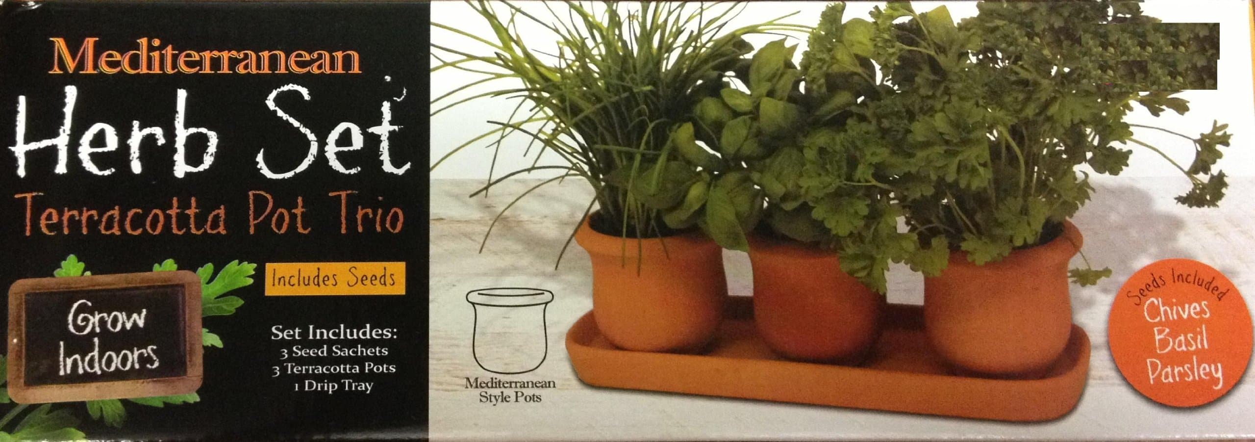 Mediterranean Herb Set Terracotta Pot Trio Includes Seeds Chive, Basil & Parsley