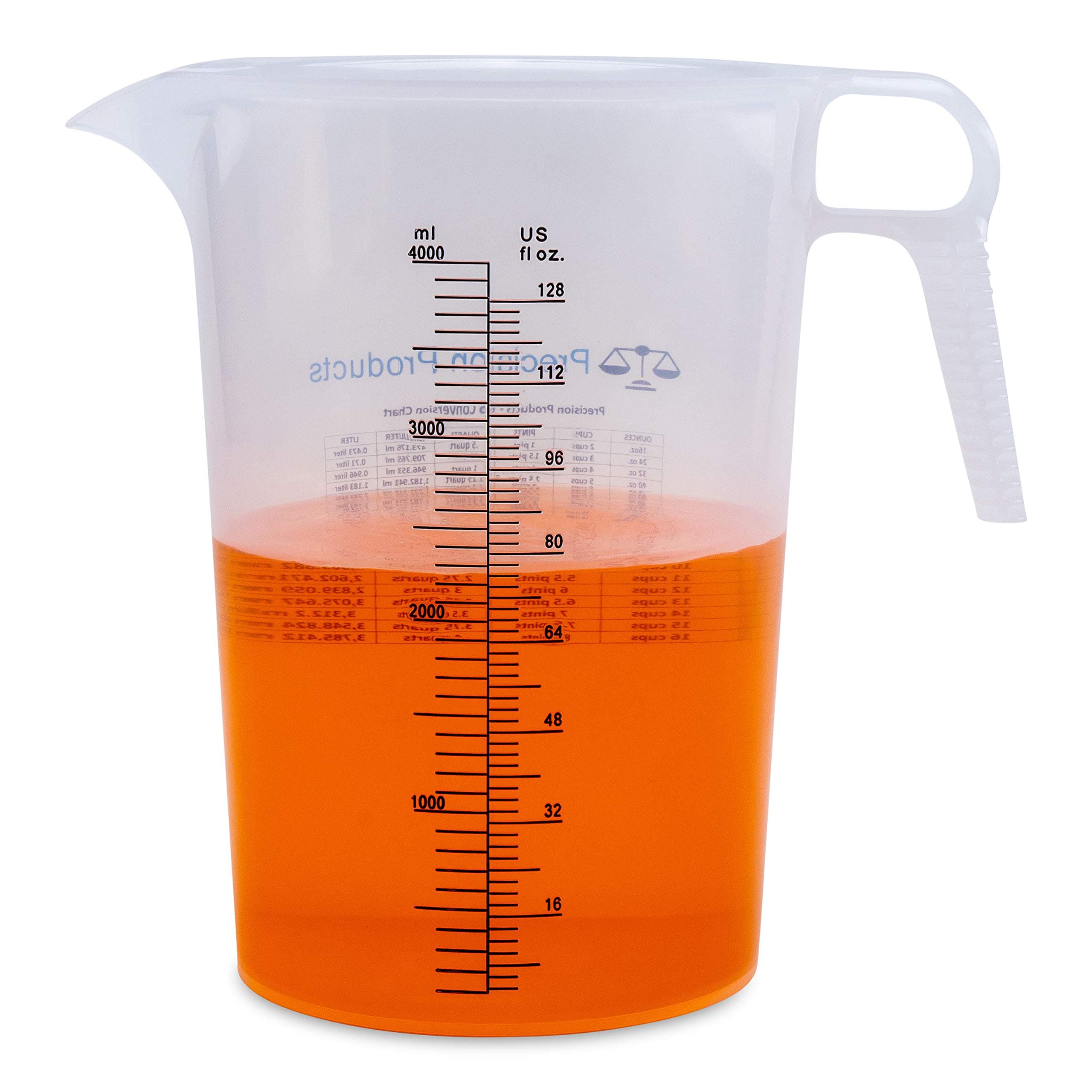 One Gallon 128oz Measure Pitcher - Convenient Conversion Chart - Strong Food Grade - Great for Lawn, Chemicals Pool, Ag, Lye, Home Hobbies, Motor Oil, Fluids - Turnah Precision Products, Made in USA