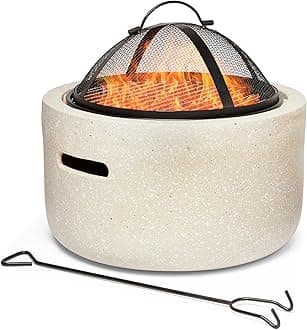 Fire Pit – 2 in 1 Firepit with BBQ Cooking Grill for Outdoor, Garden, Patio – MgO Material, Stone Effect Finish, Fire Poker & Mesh Cover Included, Carry Handles – Use Wood or Charcoal to Fuel