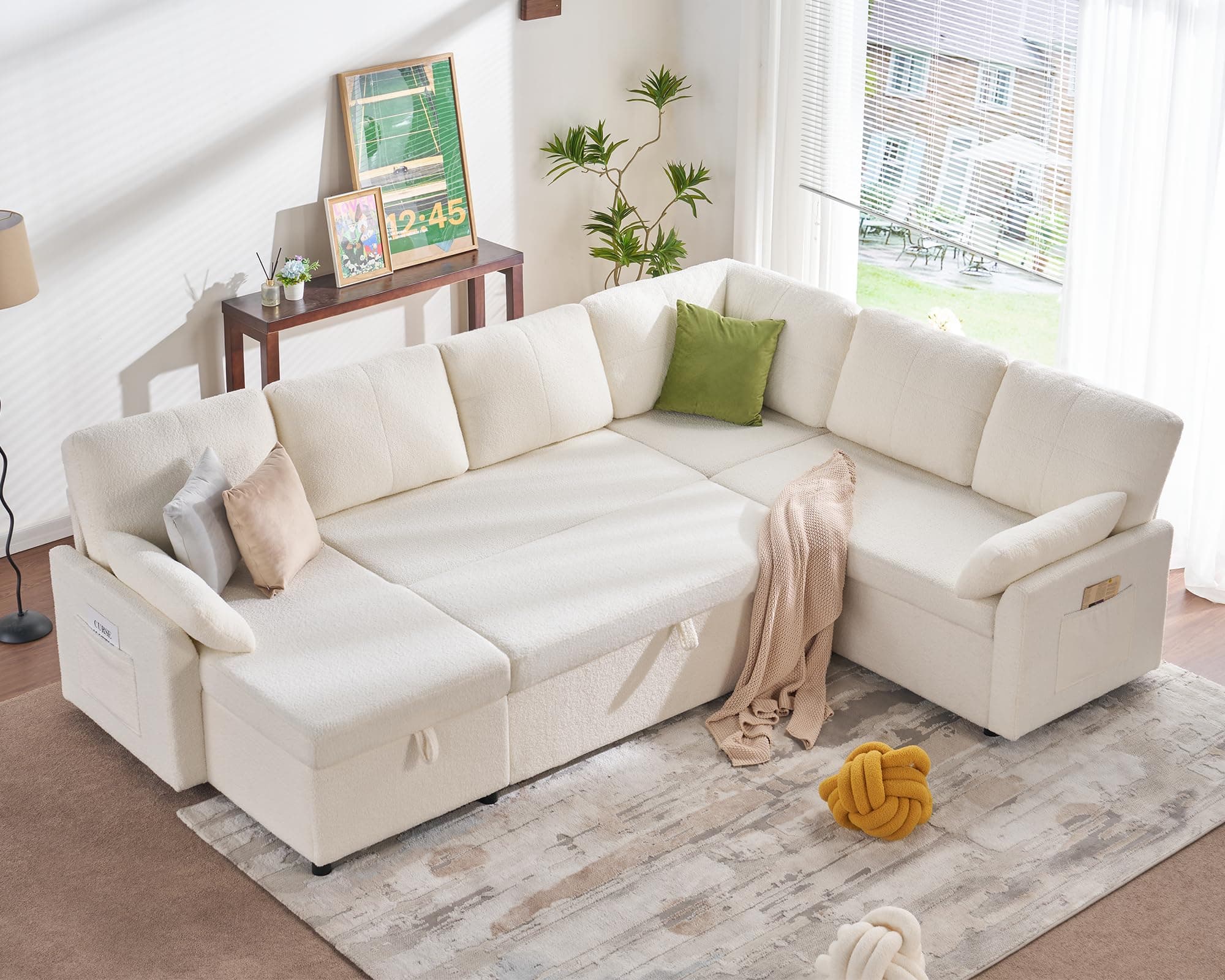 PaPaJet Sofa Bed, 112 Inch Sleeper Sofa, Oversized Pull Out Couch for Living Room, White Boucle