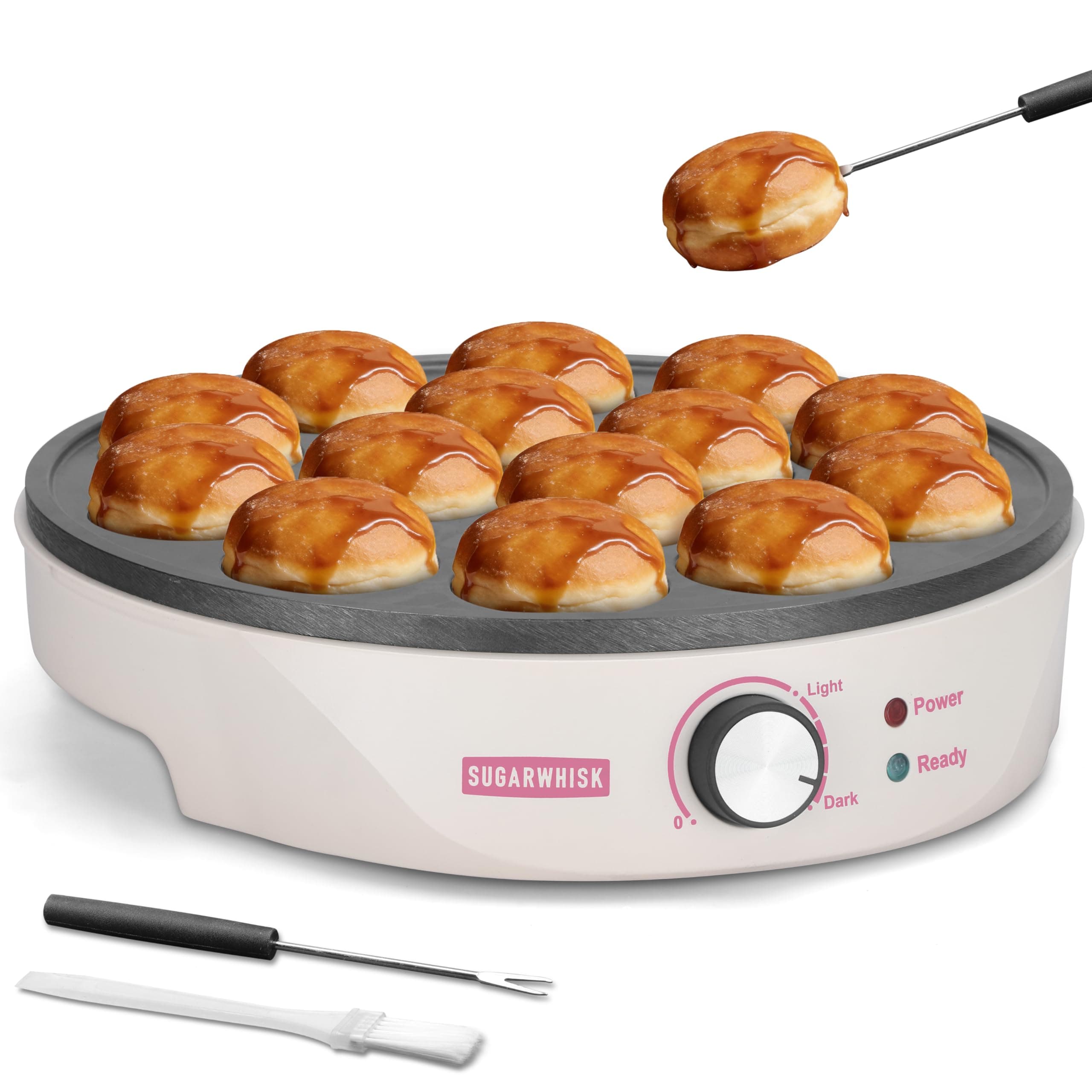 Mini Pancakes Maker Machine with 14 Larger & Deeper Grooves, Electric Mini Pancake Pan, Aebleskiver Pan, Ebelskiver Pan, Browning Controllable, White