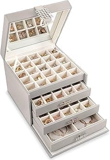 Glenor Co Earring Organizer Holder - 75 Small & 4 Large Slots Classic Jewelry Box with Drawer & Modern Closure, Mirror, 4 Trays Earrings, Ring or Chain Storage - PU Leather Case - Grey