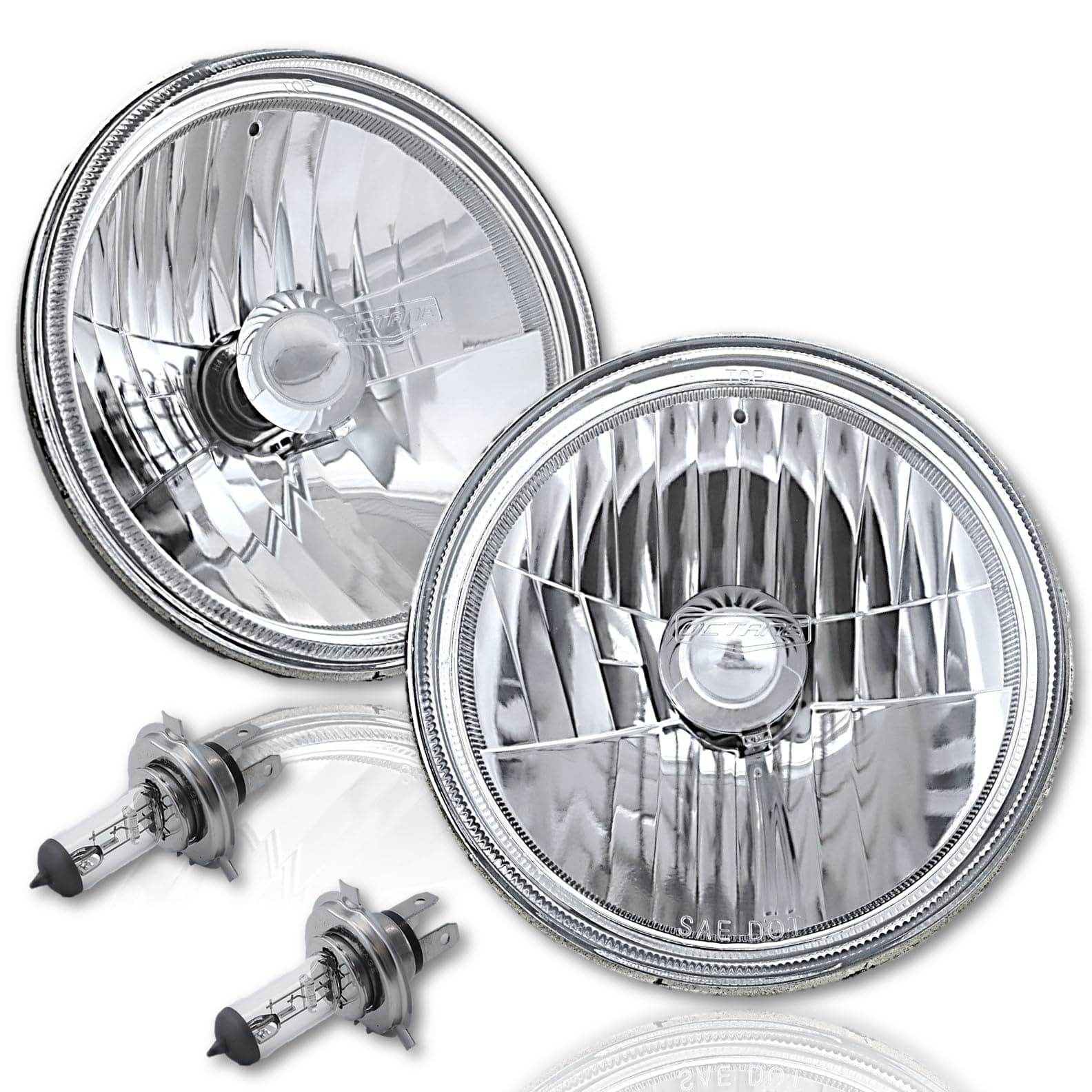 Octane Lighting 7" Crystal Clear Halogen Headlight Diamond Headlamp 12V 60/55W H4 Light Bulbs