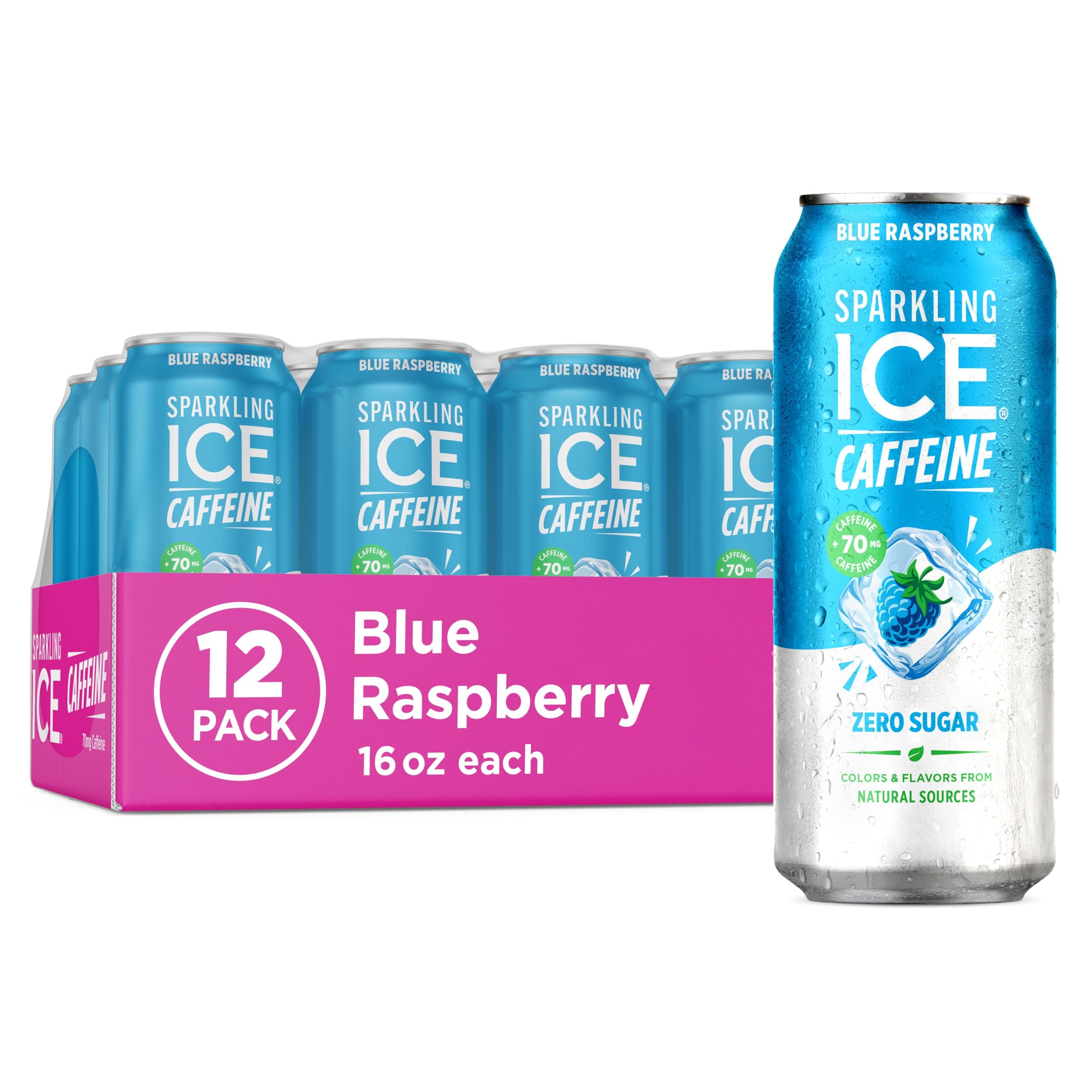 Caffeine Blue Raspberry Sparkling Water with Caffeine, Zero Sugar, with Antioxidants and Vitamins,16 fl oz Cans (Pack Of 12)