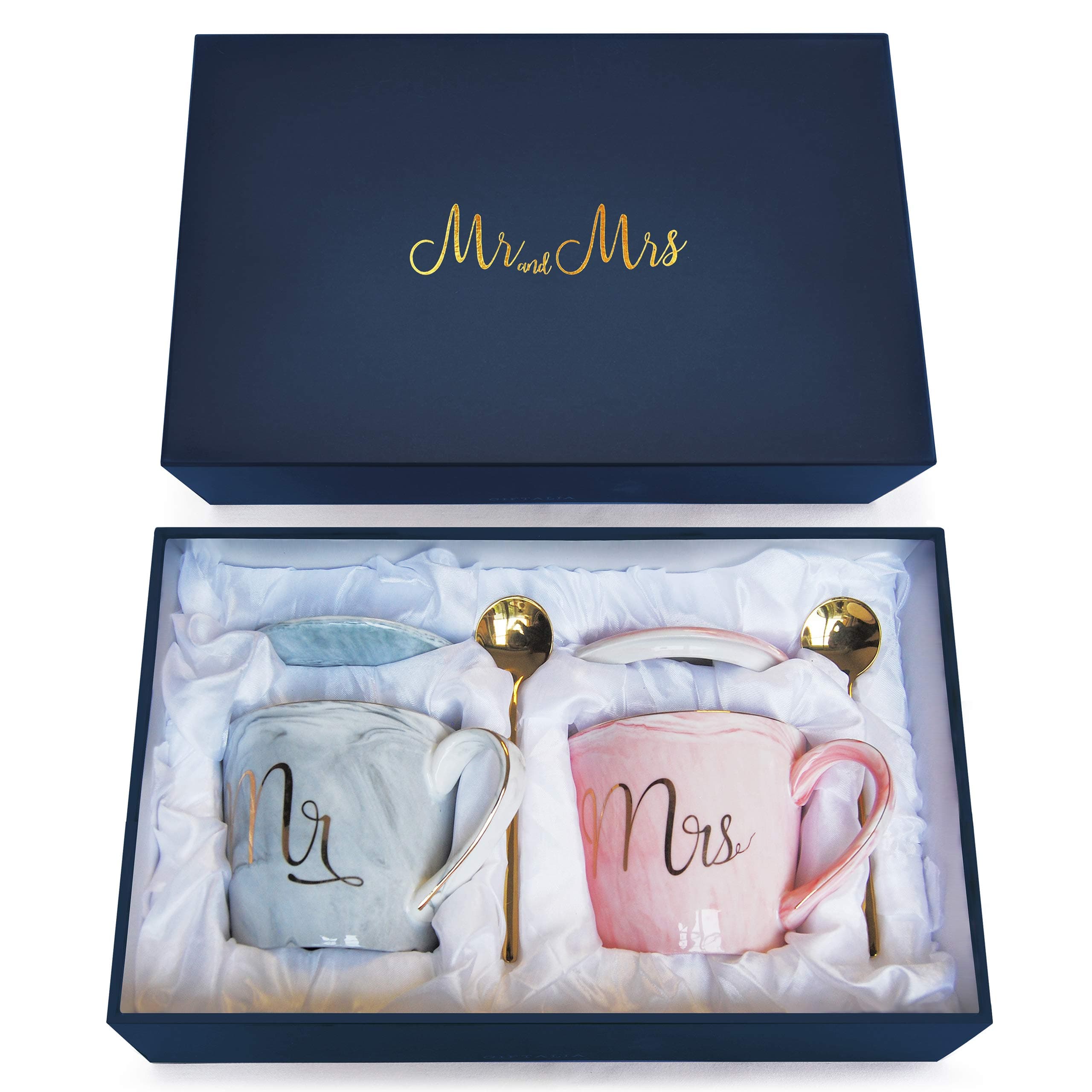 Wedding Gift - Mr and Mrs Mug Set - Classy and Elegant Gift Box with 2 Marble/Gold Tea or Coffee Cups - Bridal Shower gifts, Couples Anniversary, Engagement gifts, (Complete Set Grey & Pink)