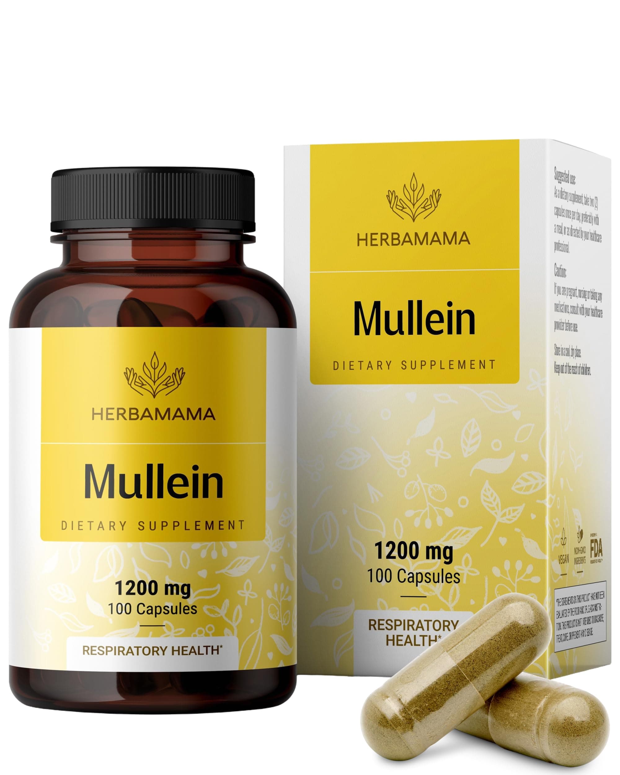 HERBAMAMA Mullein Leaf Extract for Lungs - 1200 mg Mullein Leaf for Lung Support - Herbal Respiratory Supplements - Vegan, Non-GMO, 50-Day Supply