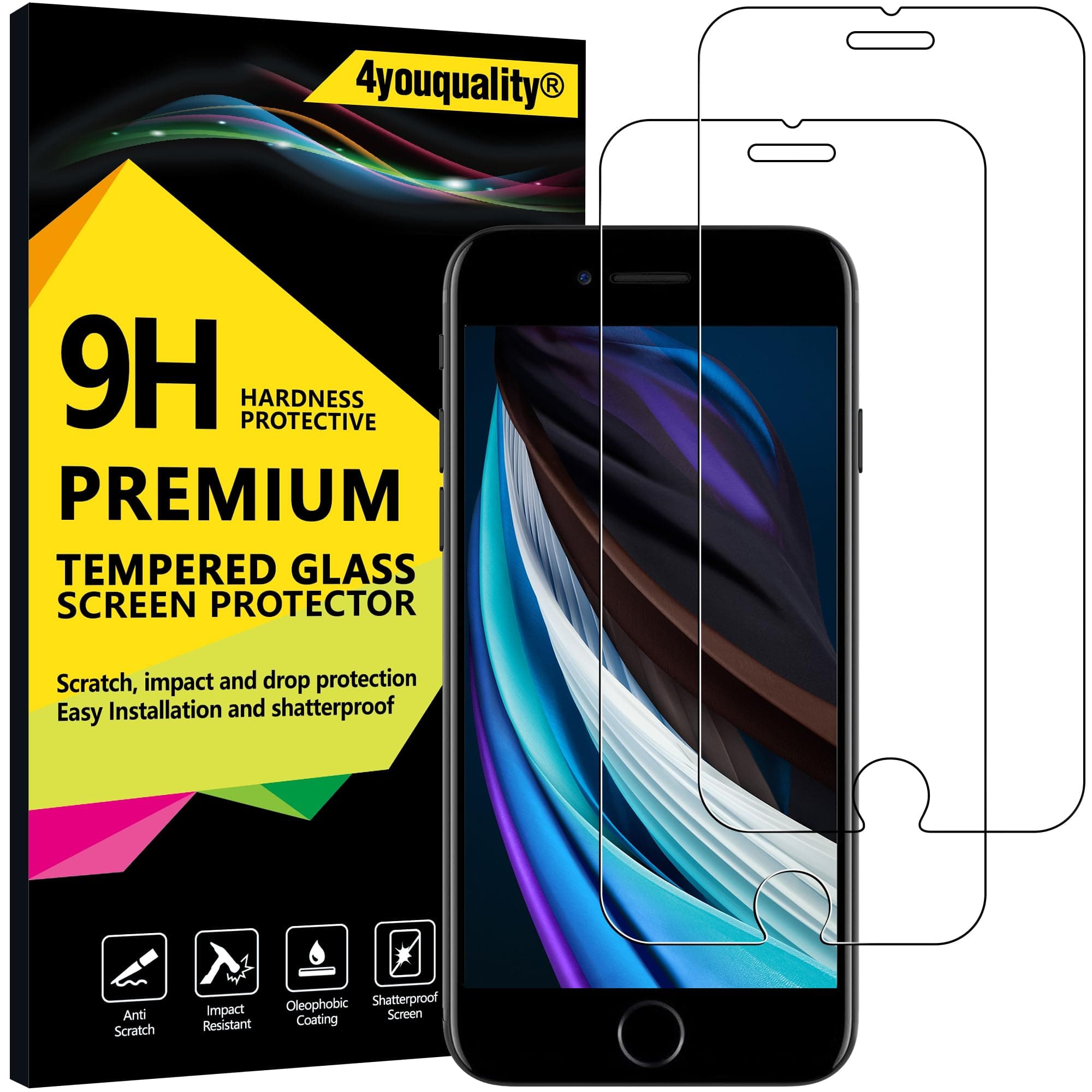 4youquality Screen Protector for iPhone SE 3/ SE 2 (2022/2020 Edition) 4.7-Inch, Tempered Glass Film, 2-Pack, [LifetimeSupport][Impact-Resistant][Anti-Shatter][Anti-Scratch]