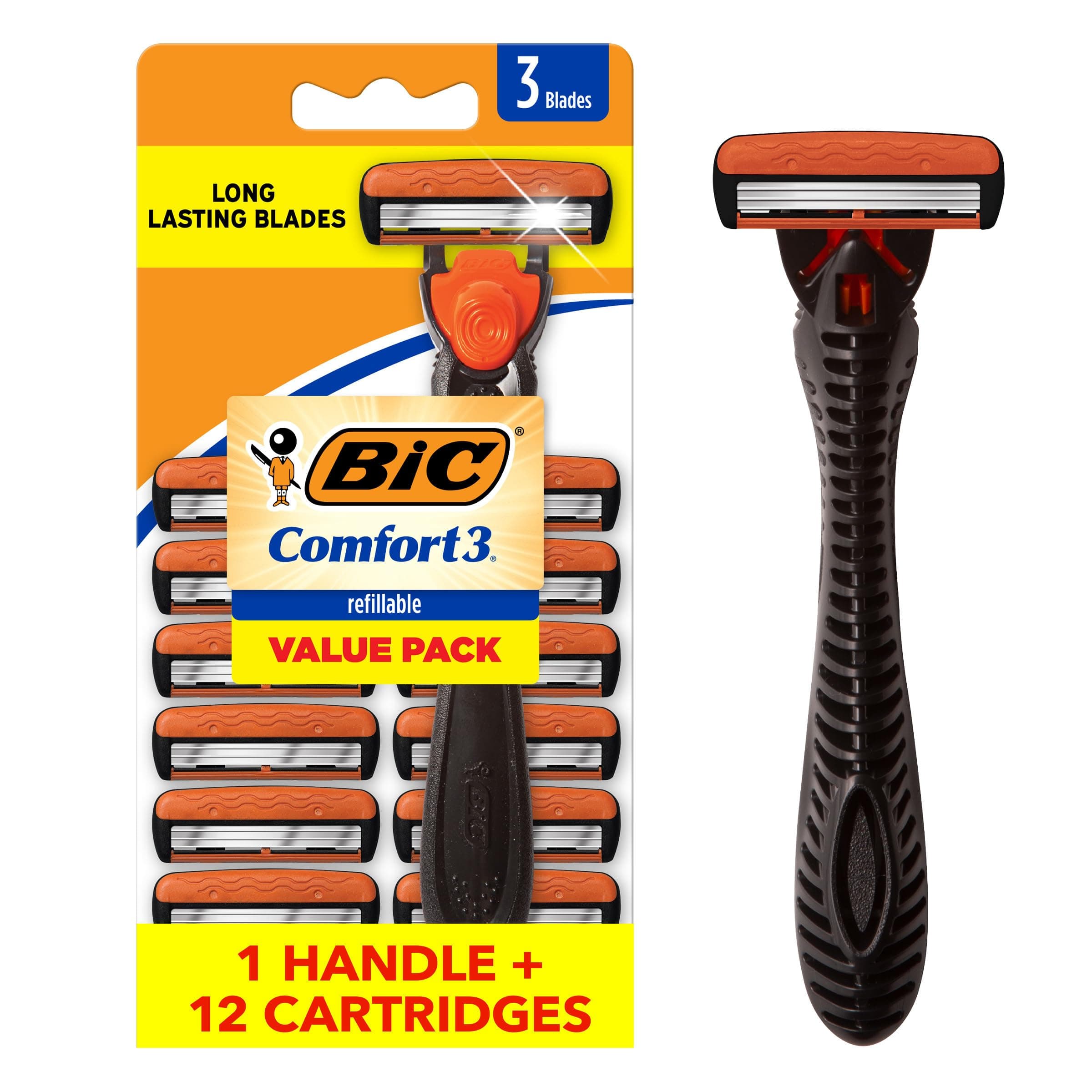 BIC Comfort 3 Refillable Three-Blade Disposable Razors for Men, Sensitive Skin Razor for a Comfortable Shave, 1 Handle and 12 Cartridges With 3 Blades, 13 Piece Razor Kit