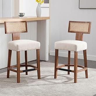 26’’ Rattan Barstools with Back Counter Height Bar Stool Set of 2, Beige Linen Modern Kitchen Counter Stool Upholstered Farmhouse Wicker Bar Stool, Woven Boho Bar Stool Chairs with Natural Wood Frame