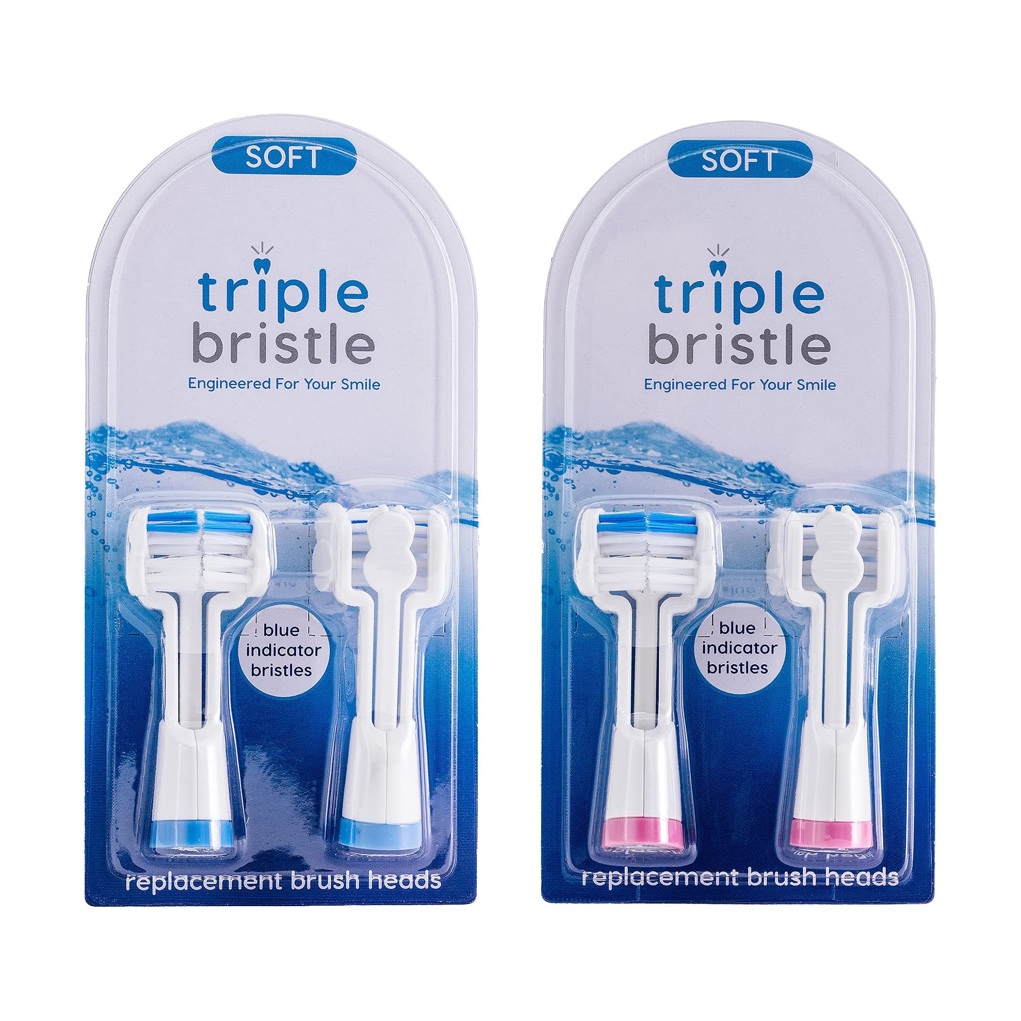 Triple Bristle Replacement Brush Head Refills | Innovative 3 Head Design | Compatible Brand Sonic Toothbrush | Color Changing Indicator Bristles | 4 Pack (2 Pink + 2 Blue)