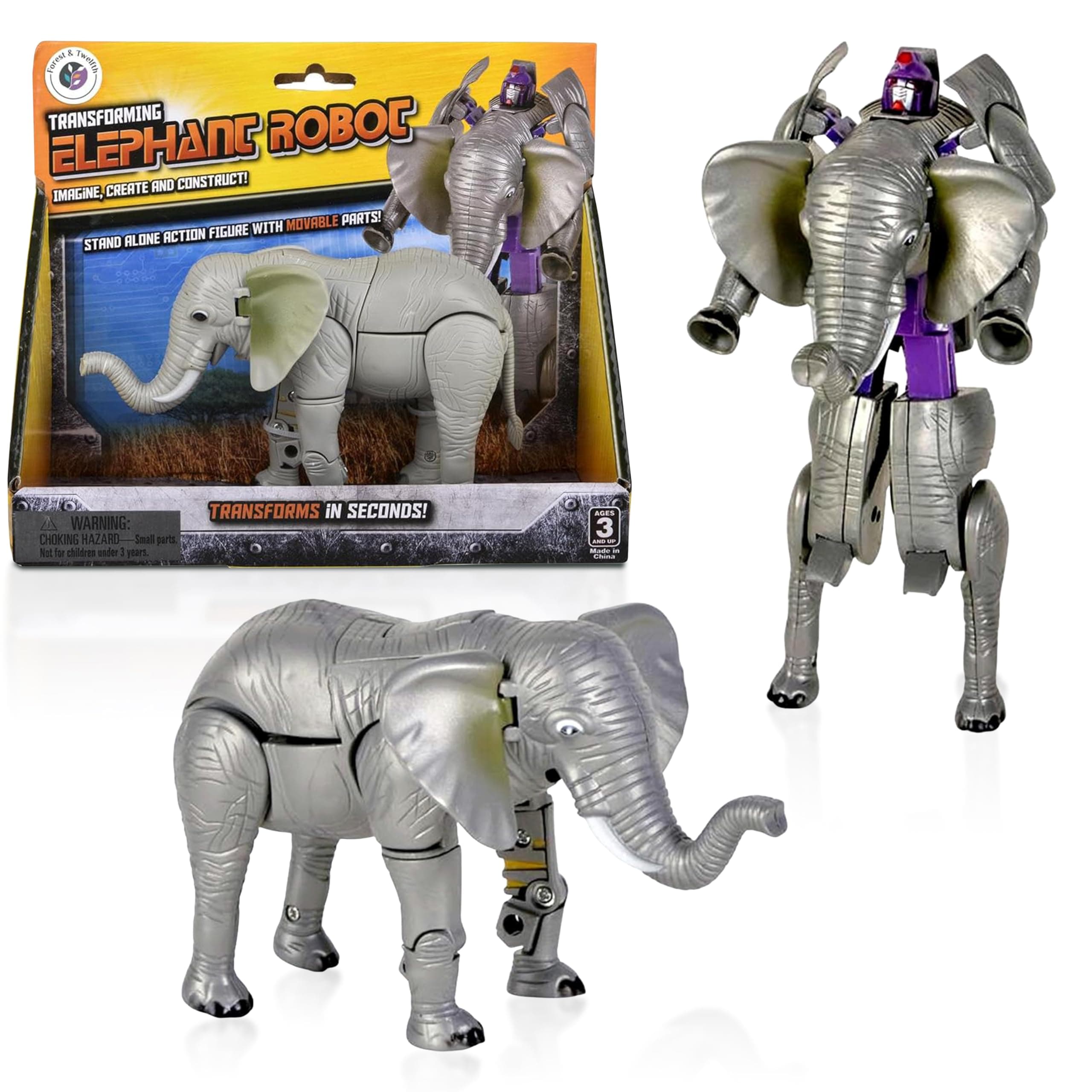 Forest & Twelfth 5" Elephant Animal Toys – Transforming Action Figure – Changes from a Detailed Animal Toy to a Unique Robot Toy in Seconds – Great Gift for Both Girls and Boys (5" Elephant)