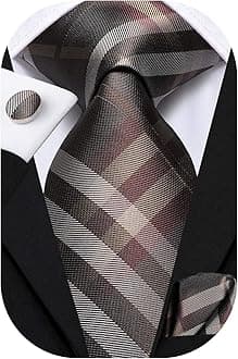 Mens Plaid Ties Classic Paisley Necktie with Handkerchief Cufflinks Set Business Stripe Tie