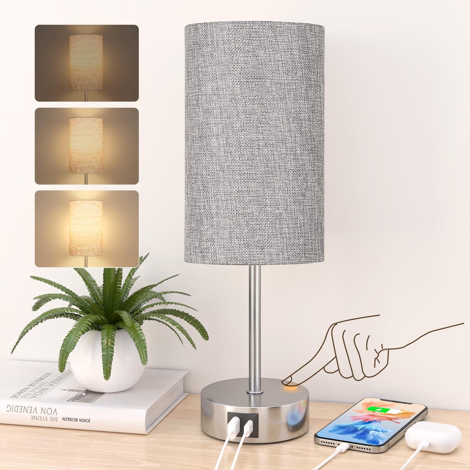 STANBOW Bedside Lamps, Touch Lamps Bedside with USB A+C Charging Ports, 3-Way Dimmable LED, Table Lamps for Living Room Bedroom Gift with Gray Shade-Silver Base (LED Bulb Included)
