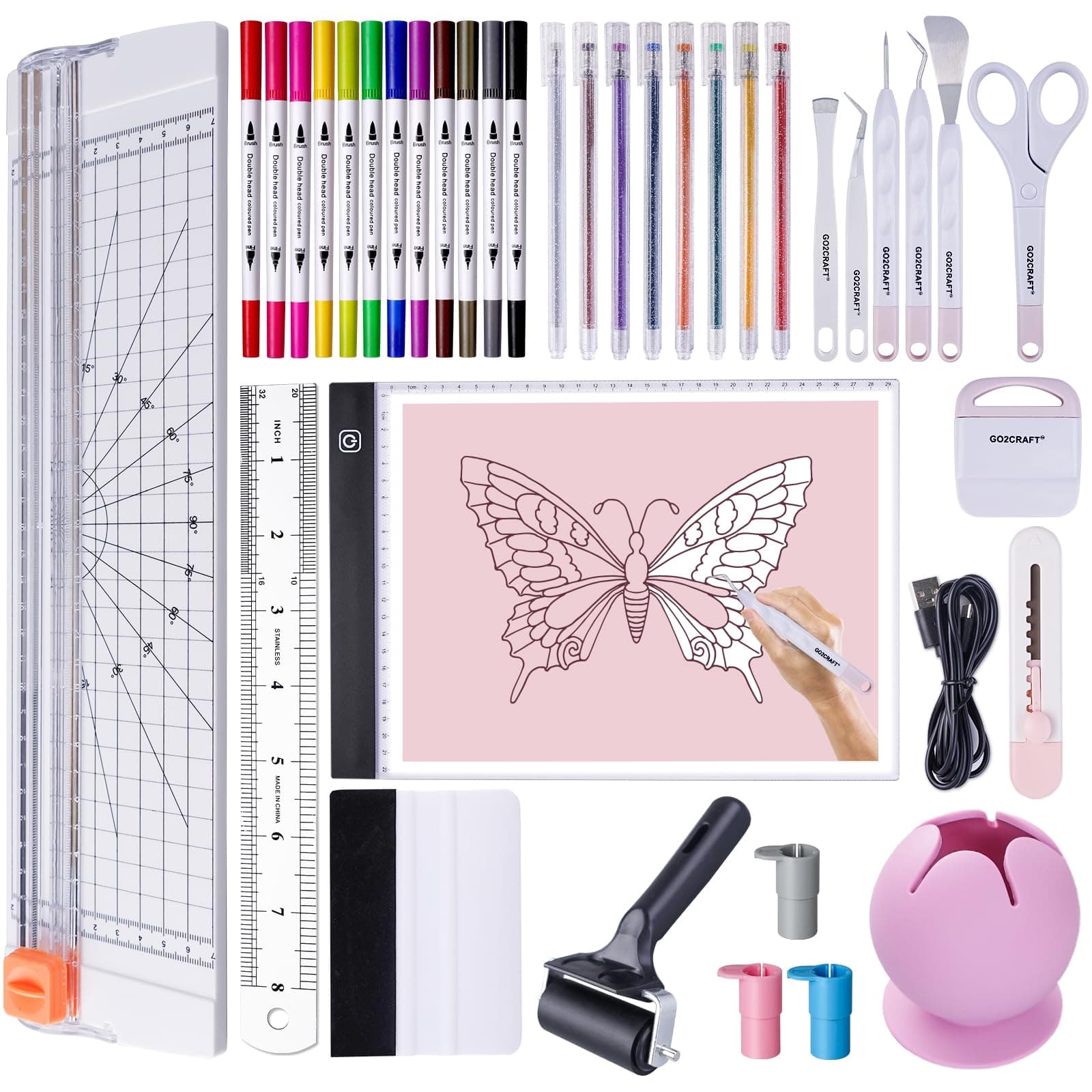 GO2CRAFT 37Pcs Essential Tool Set, Ultimate Tool with 7Pcs Weeding Tools for Vinyl, LED Light Pad, 12'' Paper Cutter, Vinyl Scrap Collector, Crafting Starter Kit