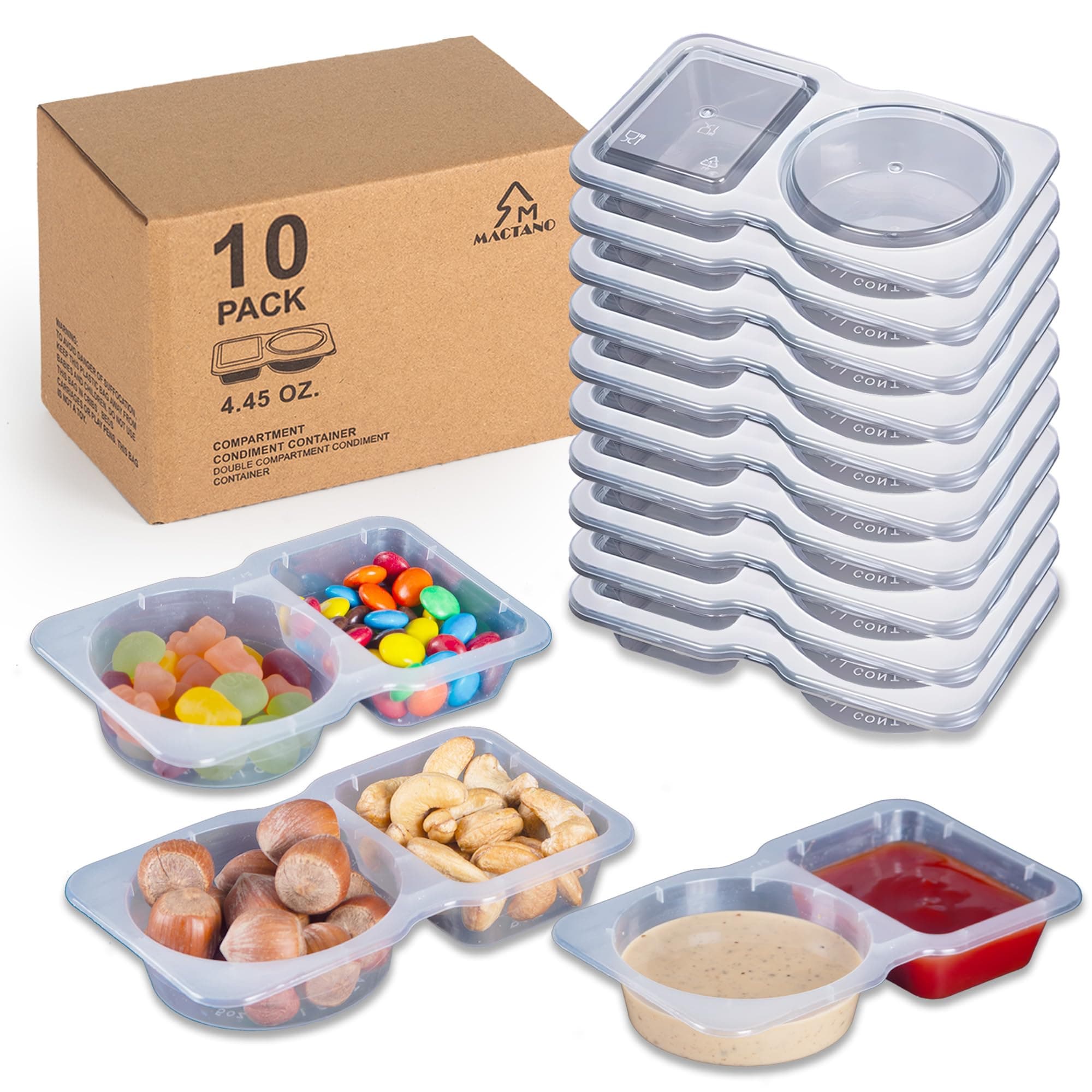 MACTANO 10 Sets Condiment Container with Lid, Disposable Double Compartment Plastic Container for Sauce Snack