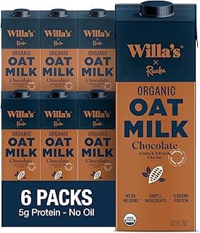 Willa's Organic Chocolate Unsweetened Cacao Oat Milk 32 oz – 50% Less Sugar, Non-GMO, Bobby Approved, Shelf Stable, Non-Dairy, Whole Grain Oats, No Oil, No Gums – 6 Pack