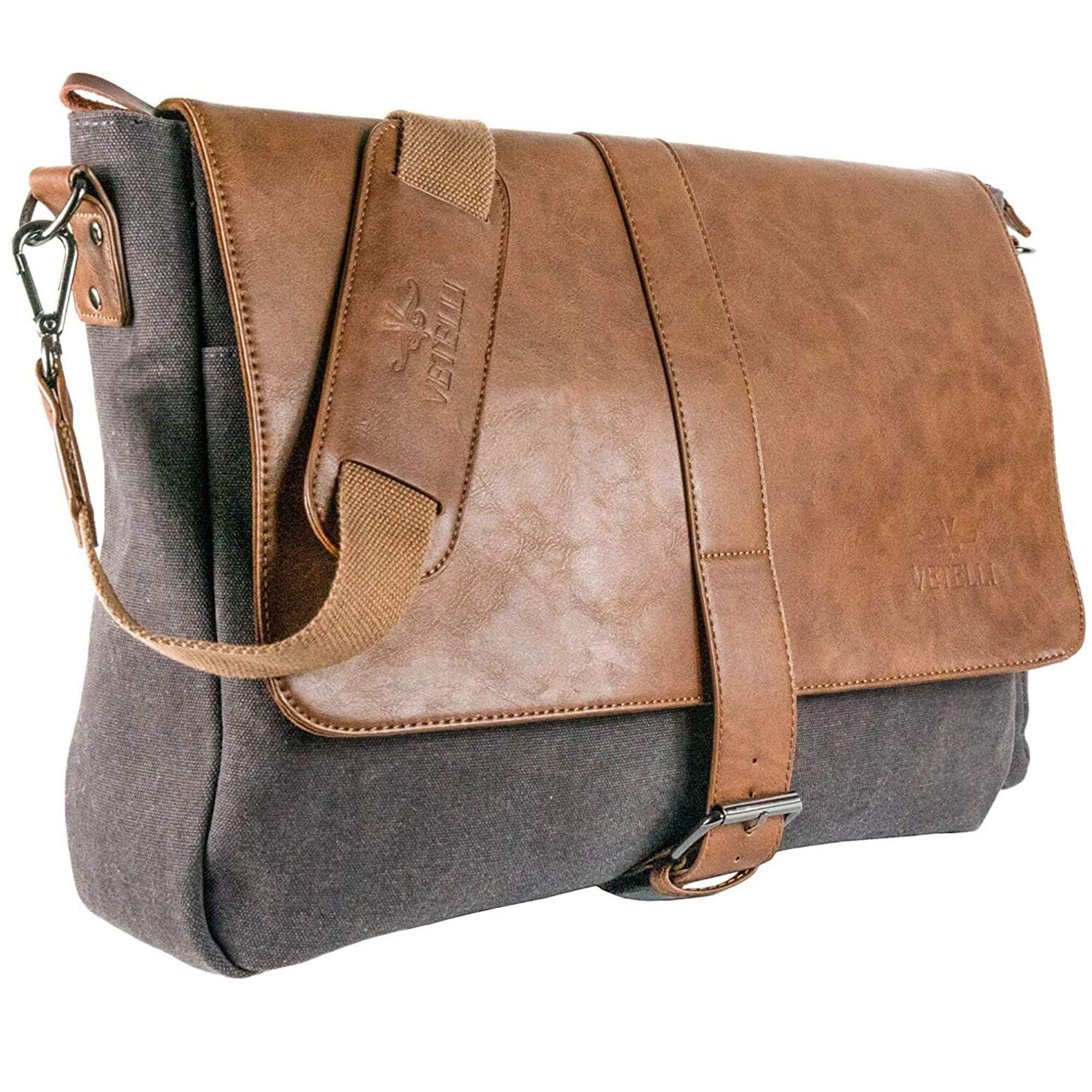 Vetelli Laptop/Computer/Messenger/Tablet Bag with scratch protection lining for laptops or Macbooks up to 15.6". Leather + Charcoal Grey Canvas - Large size bag: 18" x 12" x 5"